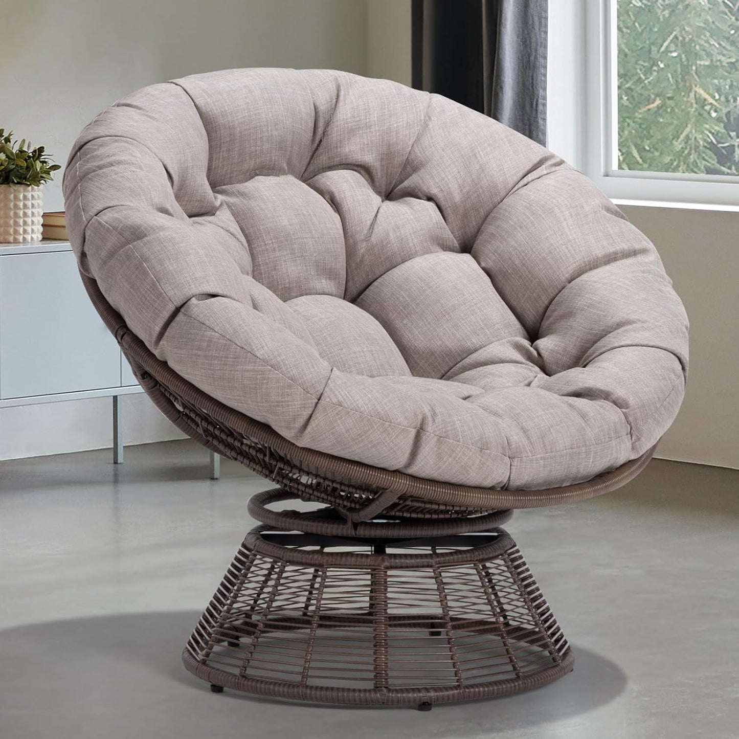 Bme 40" Ergonomic Wicker Papasan Chair with Soft Thick Density Fabric Cushion, High Capacity Steel Frame, 360 Degree Swivel for Living, Bedroom, Reading Room, Lounge, Silver Cloud - Black Base