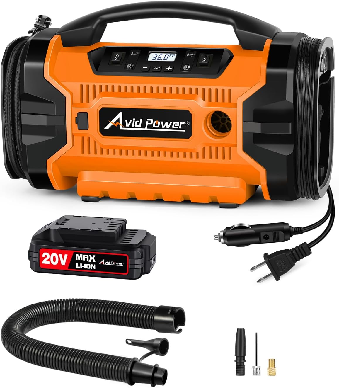 Avid Power Tire Inflator Portable Air compressor, 3 Power Source (110V AC,12V DC, 20V Battery), Car Air Pump w/Inflation & Deflation Modes, Triple Power Tire Inflator w/Dual Powerful Motors