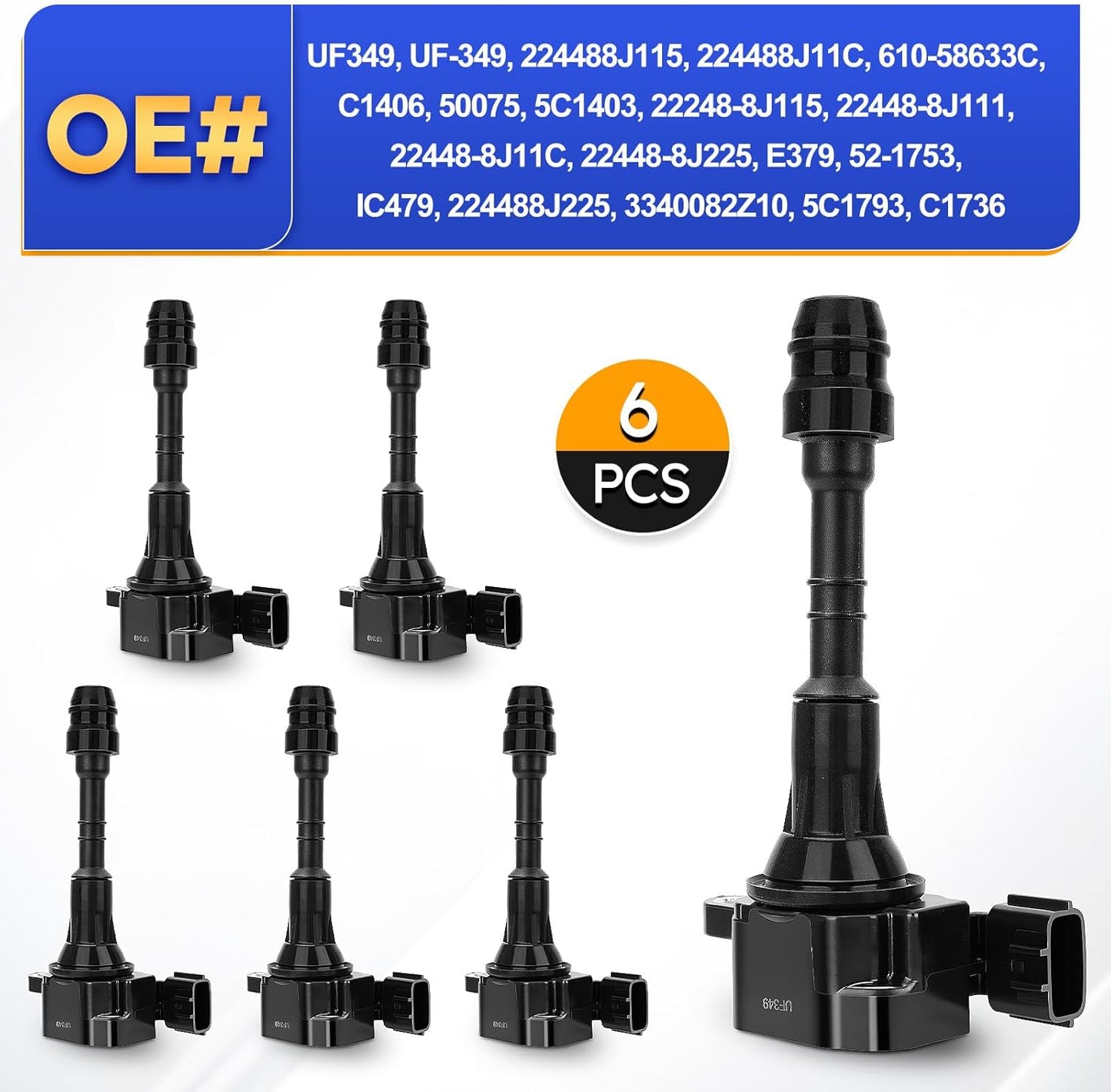 UF349 Ignition Coil Pack Compatible with Nissan Altima Maxima Murano Frontier Quest XTERRA Pathfinder NV1500 NV2500 NV3500/Infiniti l35 QX4/Suzuki Equator V6 Replaces # C1406 224488J11C (set of 6)