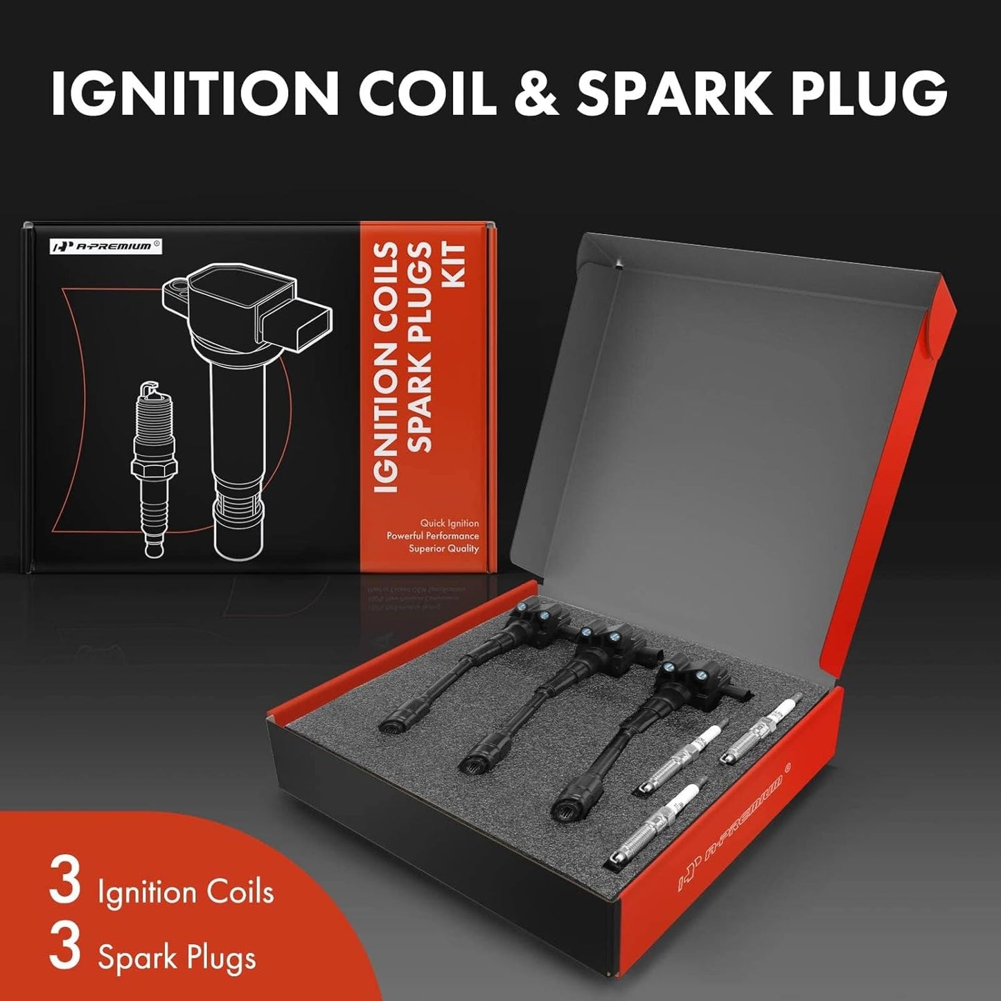A-Premium Set of 3 Ignition Coil Pack and Iridium Spark Plugs Compatible with Ford Focus 2015-2018, Fiesta 2014-2017, EcoSport 2018-2021, 1.0L