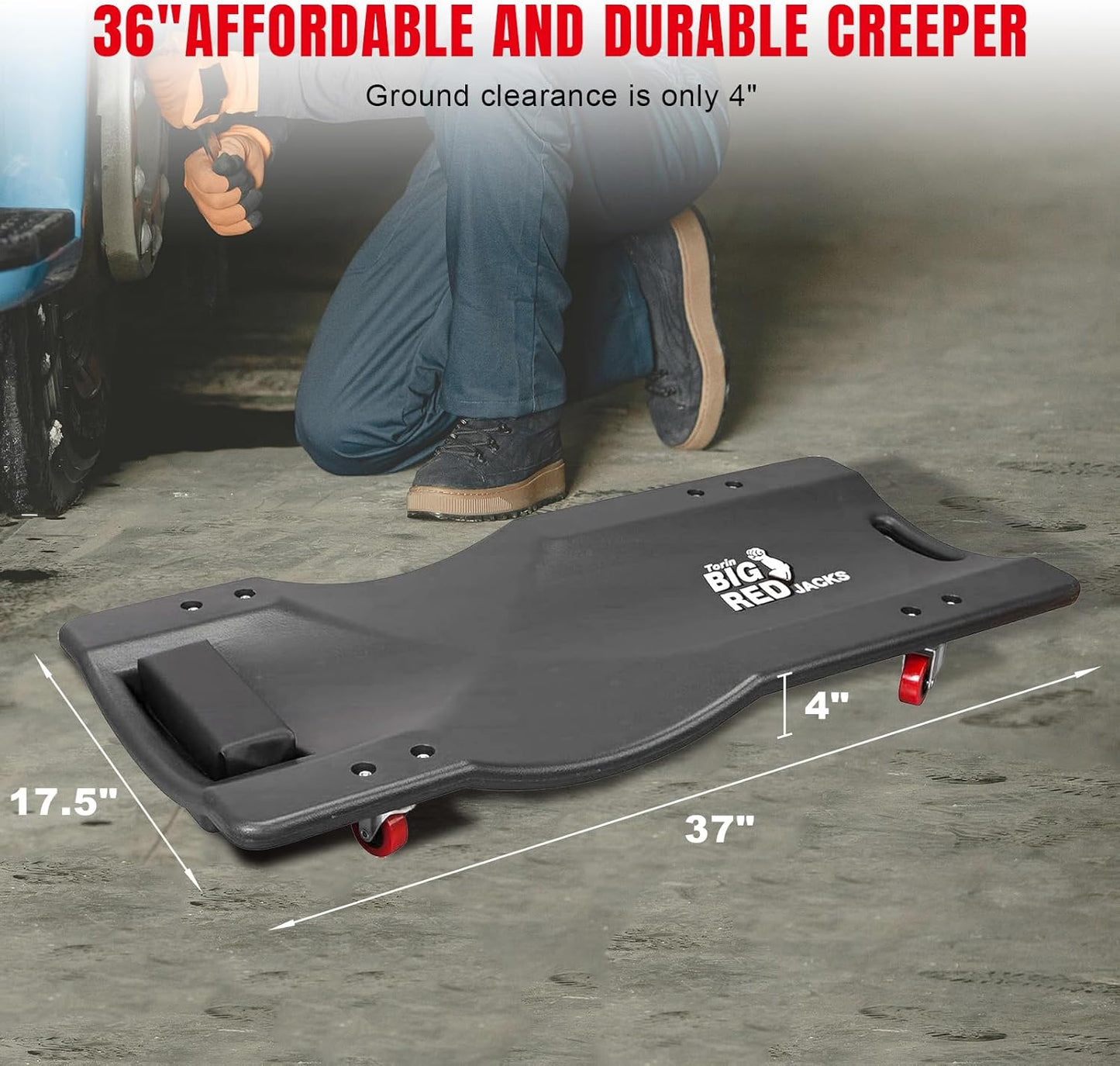 BIG RED 36" Rolling Garage Creeper, Shop Creeper Blow Molded Plastic Mechanic Cart with Padded Headrest with 4 Casters,350 LBS, Black,TR6240-P Torin