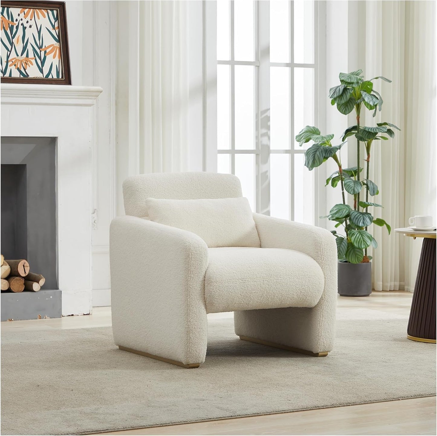 Swivel Accent Chair for Living Room,360° Rotating Barrel Chair with Square Back Pillow,Boucle Swivel Chair,Modern Linen Fabric Recliner for Adults,Cream White