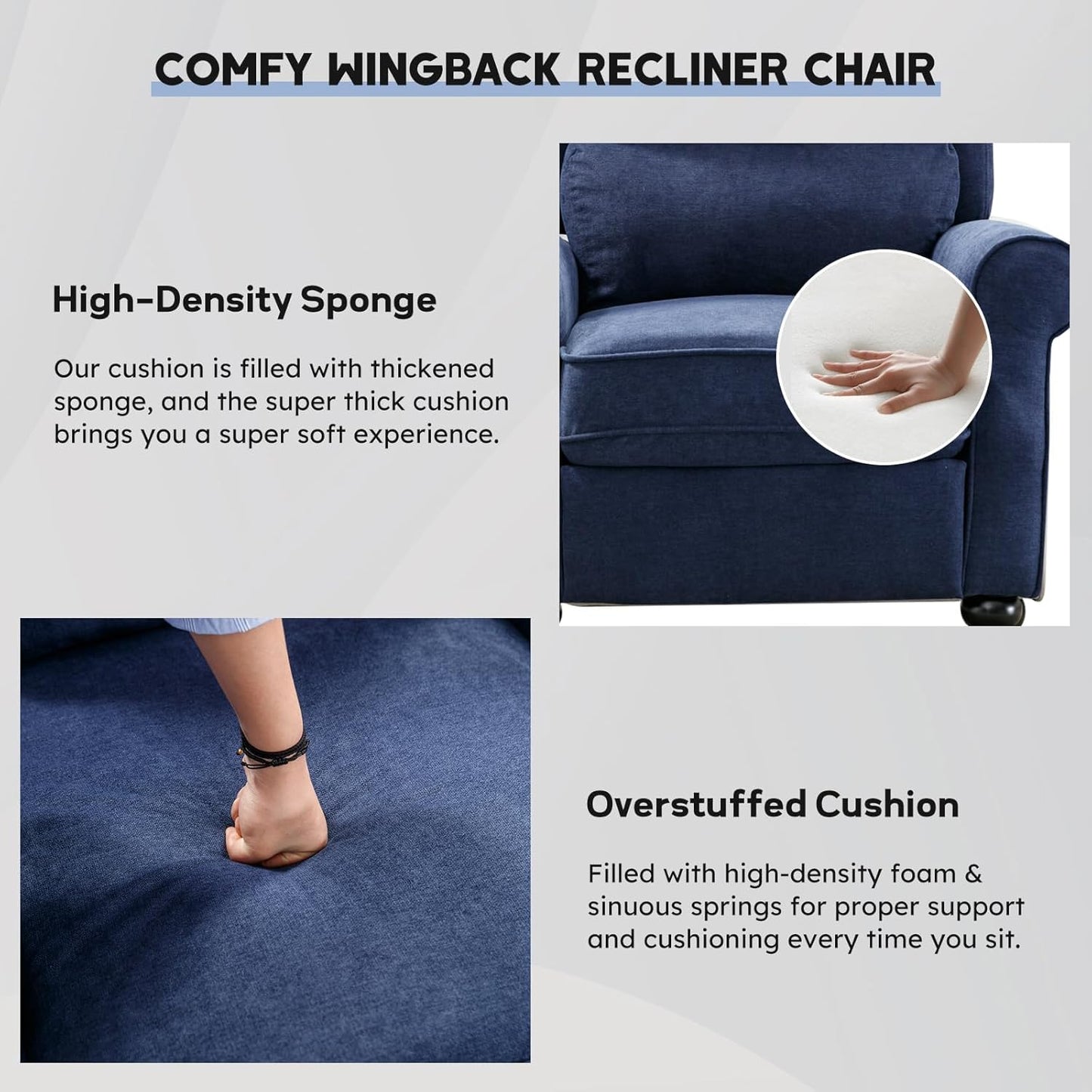 Bonzy Home Pushback Recliner Chair Set of 2, Push Back Reclining Chair with Padded Seat, Comfy Fabric Recliner for Living Room Bedroom Home Theater, Navy Blue