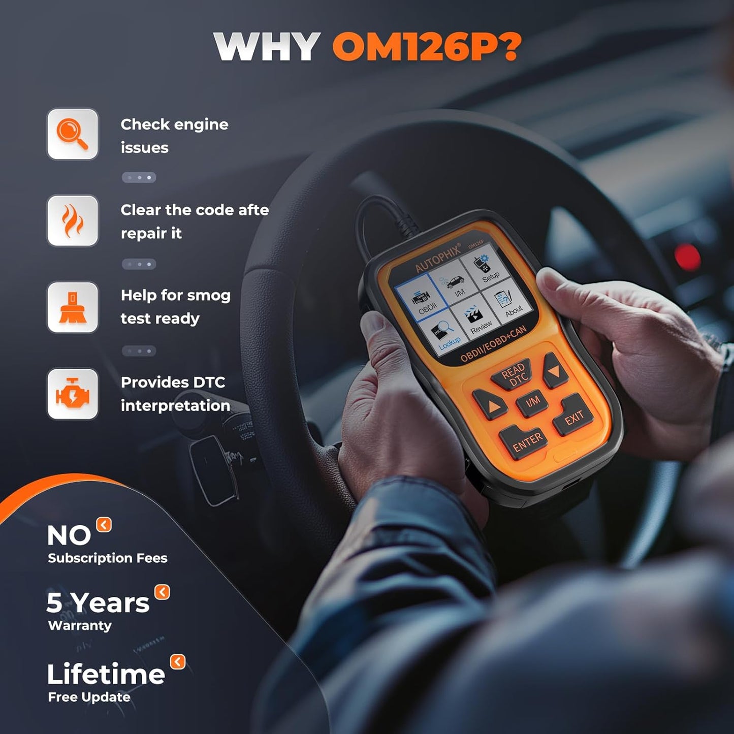 AUTOPHIX OM126P+ OBD2 Scanner, Check Engine Light Code Reader, Car Code Scanner for Automotive Diagnostic, Read & Clear Fault Code, Pass Smog Test, Live Data, for All US Cars After 1996