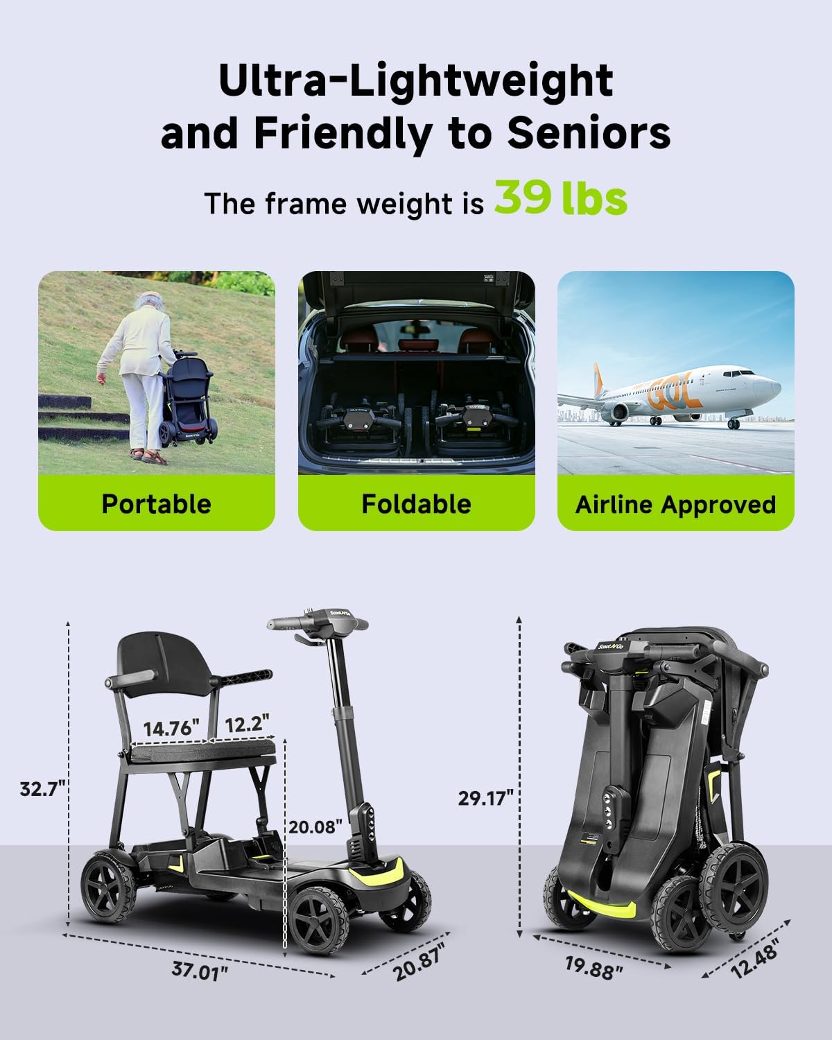4 Wheel Mobility Scooter for Adults & Seniors Electric Powered Lightweight Foldable 5 MPH Speed 15 Miles Range Two Removable Batteries Airline Approved (Black Yellow, Standard)