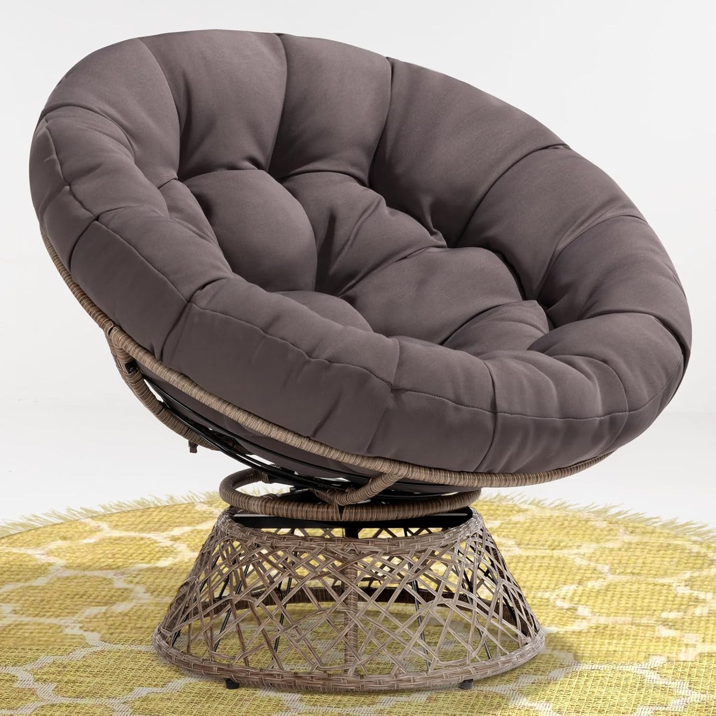 Bme 40" Ergonomic Wicker Papasan Chair with Soft Thick Density Fabric Cushion, High Capacity Steel Frame, 360 Degree Swivel for Living, Bedroom, Reading Room, Lounge, Silver Cloud - Black Base