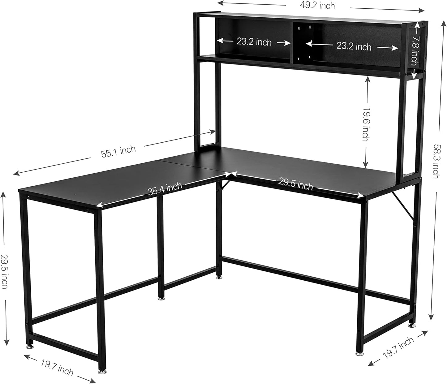 Becko US L Shaped Desk with Hutch, 56 Inch Corner Computer Desk, Home Office Writing Desk with Storage Shelves, Space Saving (Black)