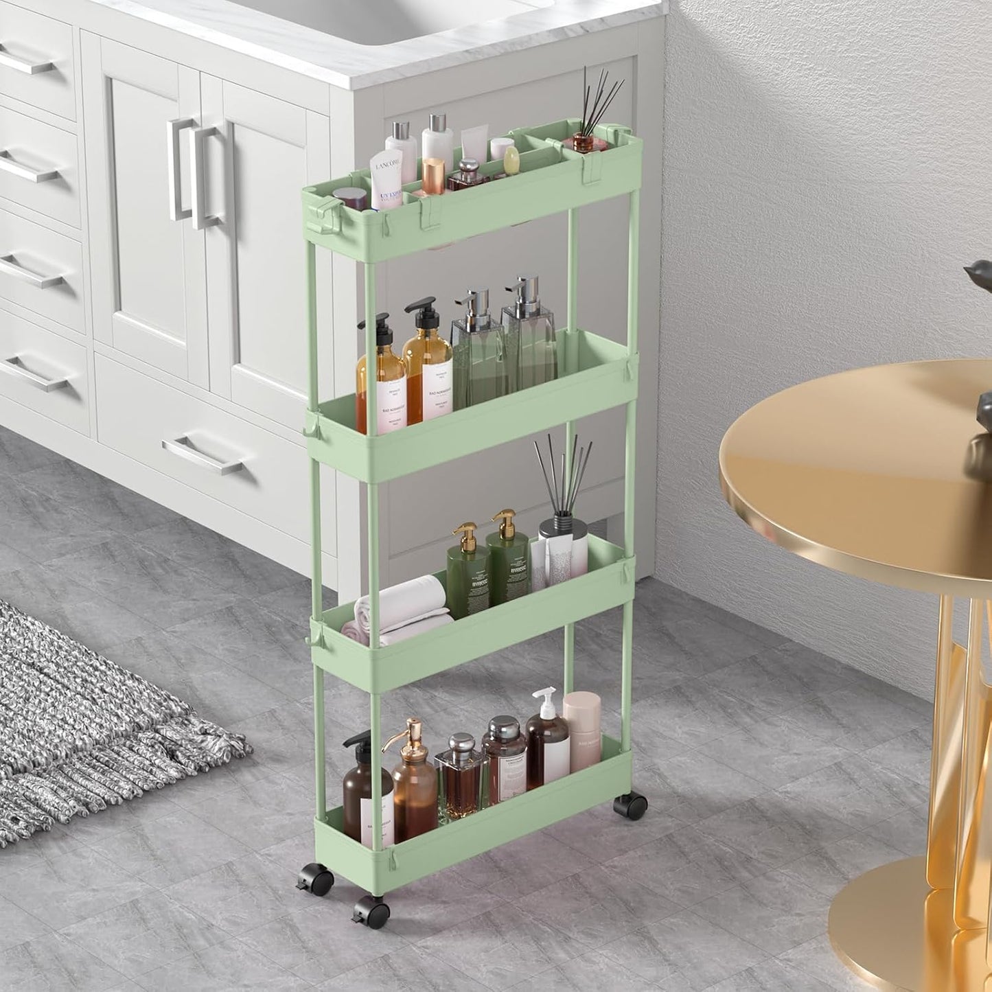 SPACELEAD Slim Storage Cart 4 Tier,Bathroom Organizer Rolling Utility, Mobile Shelving Unit Slide Out for Office, Kitchen, Laundry Room & Narrow Places,White