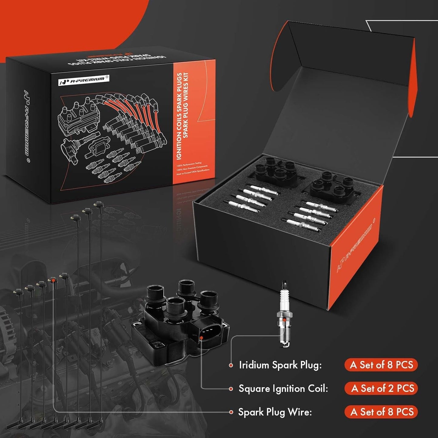 A-Premium 2 Ignition Coils with 8 Spark Plug Wires and 8 Iridium Spark Plugs Compatible with Ford Explorer & Mercury Mountaineer, 1998 1999 2000 2001, 5.0L