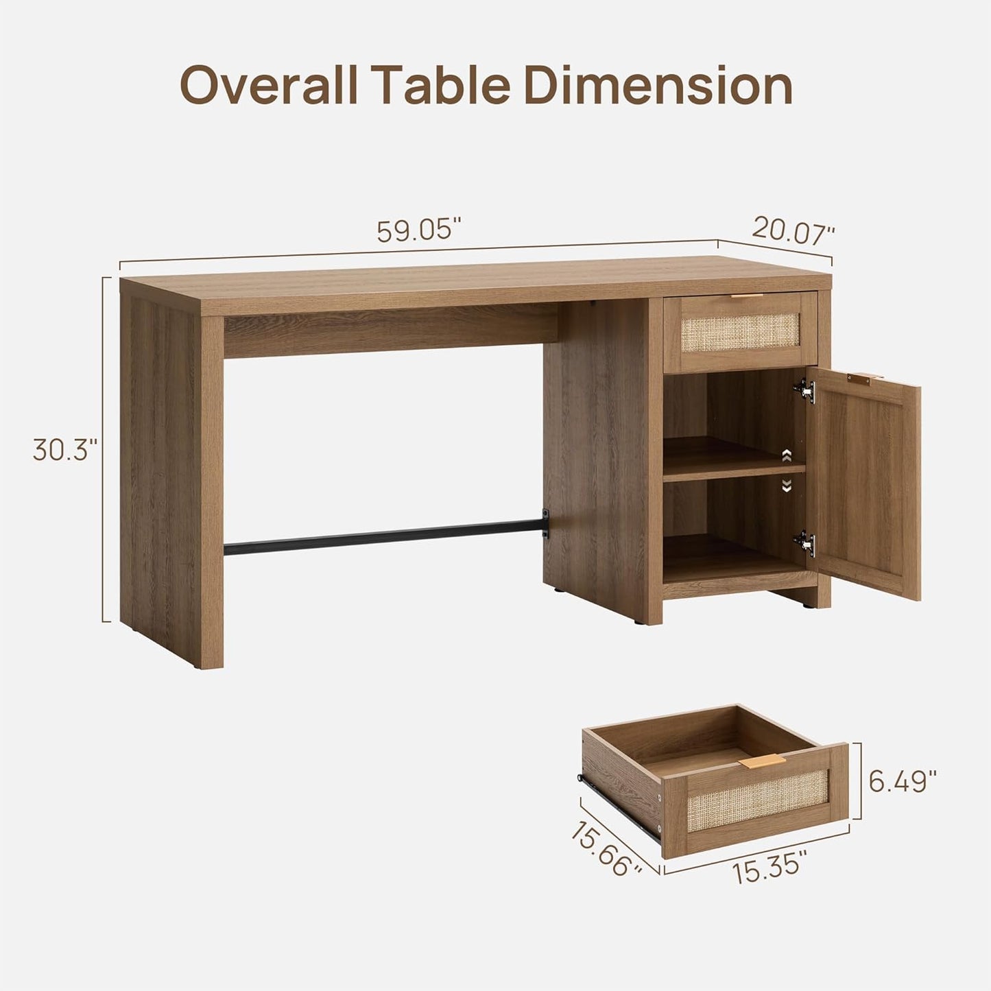 SICOTAS Rattan Executive Desk with Storage, 59" Boho Home Office Desk with Cabinets and Drawers, Large Computer Table Vanity Desk for Office, Study, Living Room, Oak