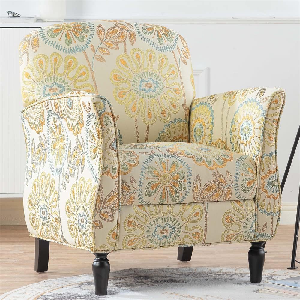 Accent Chair, Modern Tufted Upholstered Living Room Chair Armchair with Wood Gourd Legs, Comfy Leisure Club Chair Single Sofa Chair with High Backrest and Padded Cushion for Living Room Bedroom Yellow