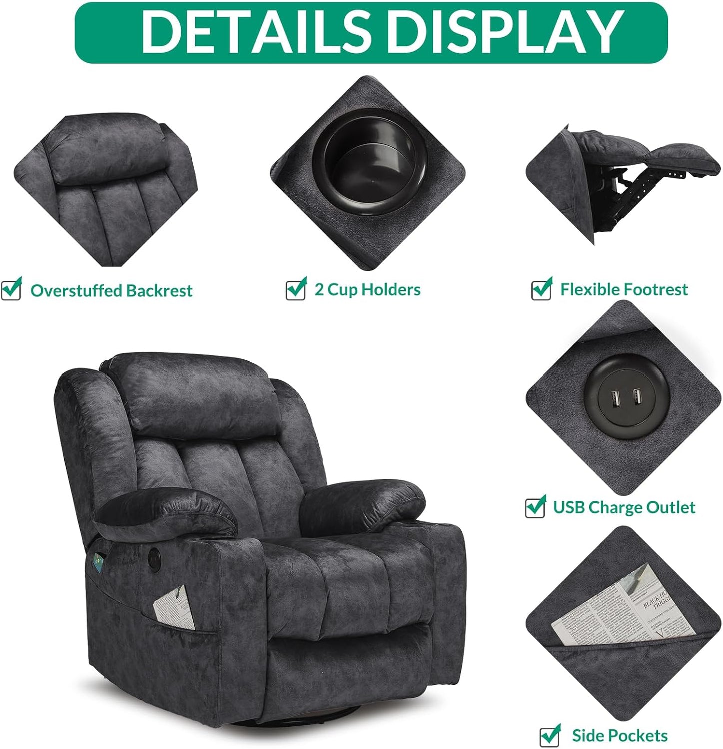 VIVIJASON Manual Swivel Rocking Glider Recliner Chair with Heat & Vibration Massage, 360° Swivel Overstuffed Reclining Chair with 2 Cup Holders, Side Pockets & USB Ports for Living Room, Plush Gray