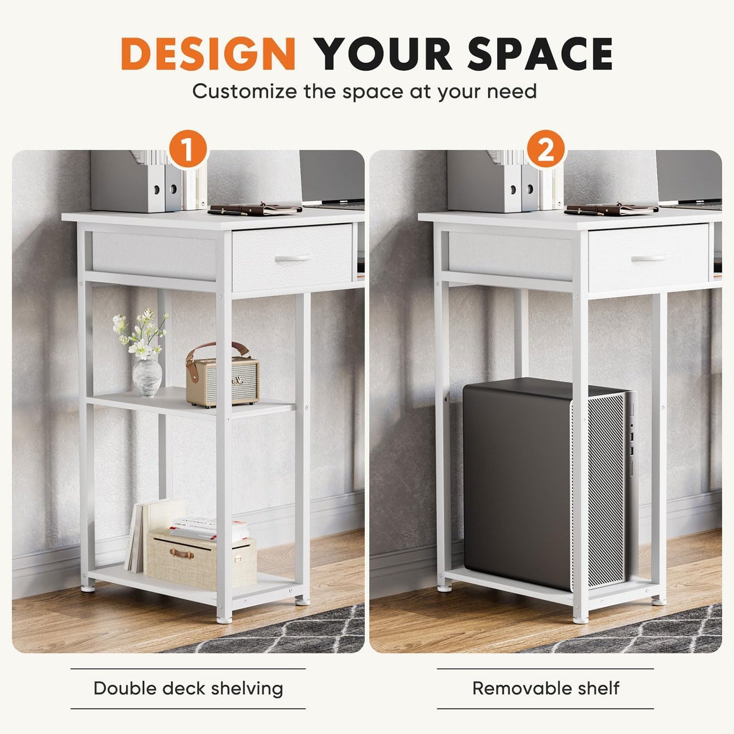 47 Inch Computer Desk with 2 Drawers, Home Office Desk with Wooden Shelves, Study Writing PC Table for Small Spaces, Bedroom, Dorm or Living Room, White