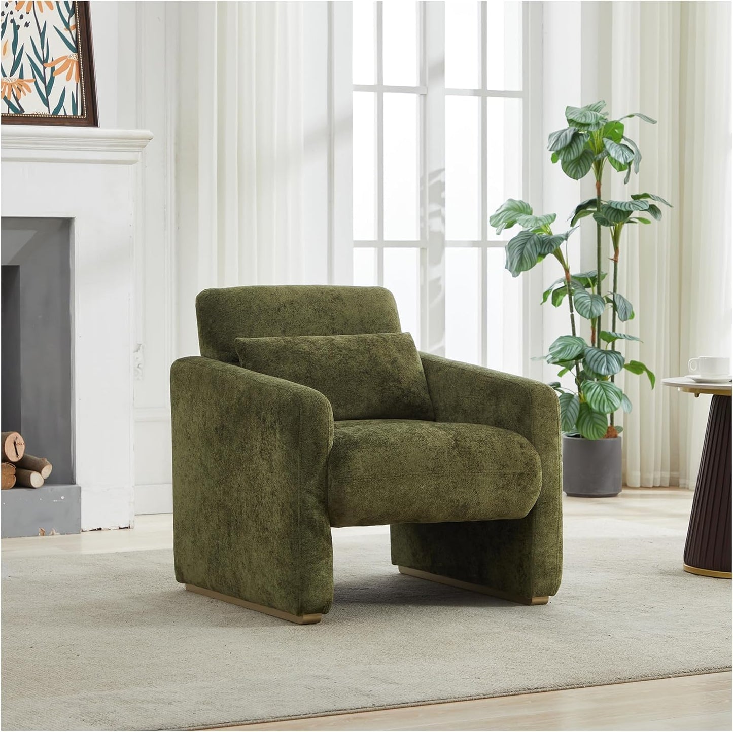 Swivel Accent Chair for Living Room,360° Rotating Barrel Chair with Square Back Pillow,Boucle Swivel Chair,Modern Linen Fabric Recliner for Adults,Cream White