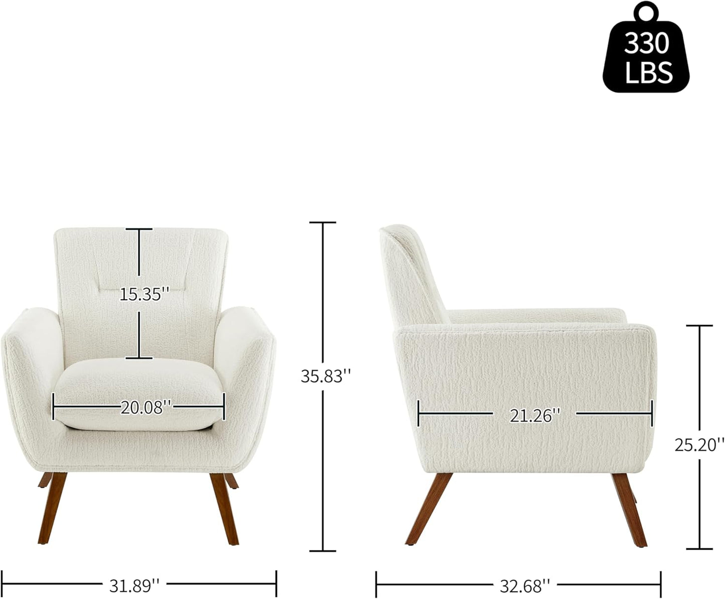 Art Leon Modern Accent Arm Chair - Fabric Upholstered Single Sofa Lounge with Wood Grain Metal Legs for Living Room Bedroom, White