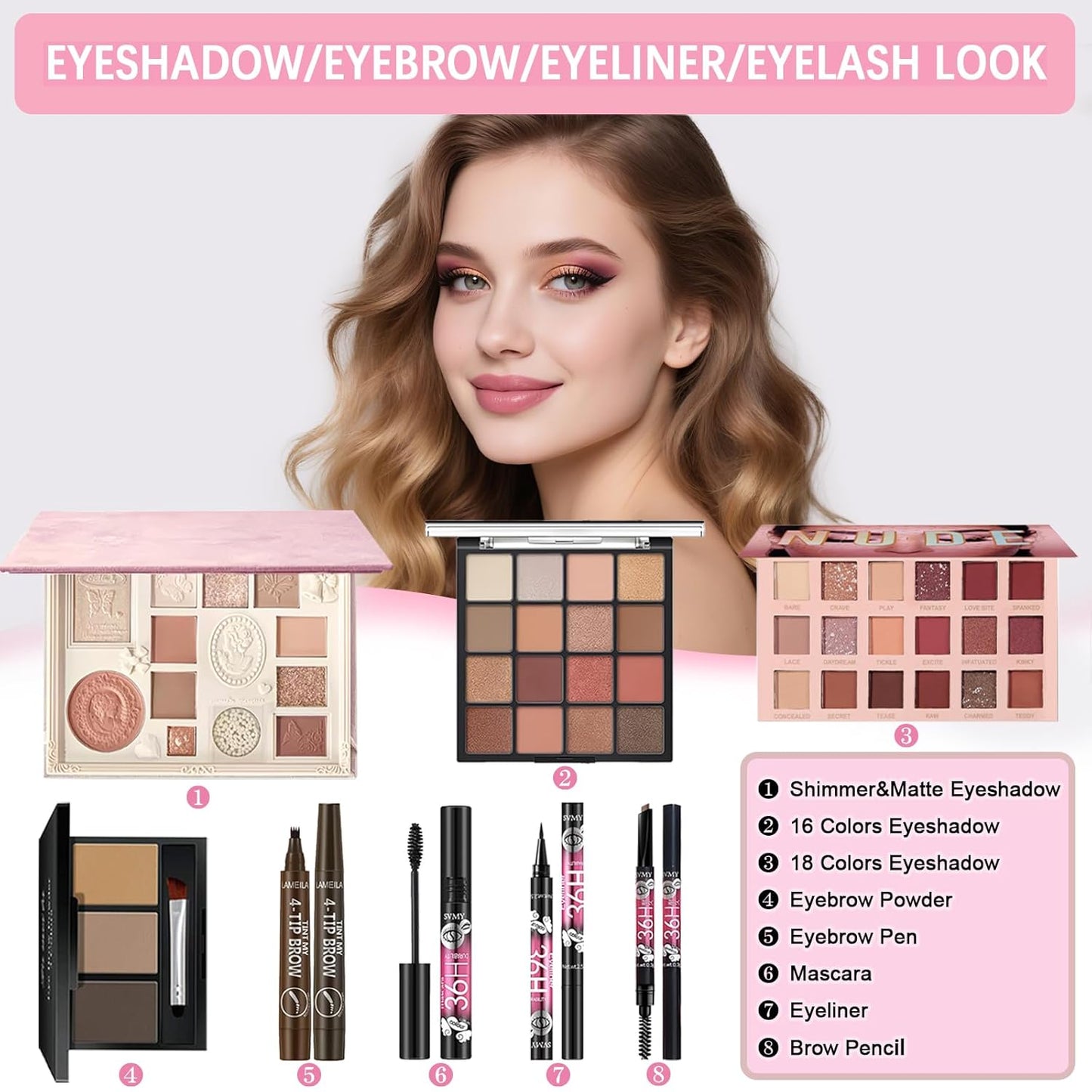 All in One Makeup Kit Makeup Set for Women Full Kit, Make Up Gift Set for Women Teens Girls, Makeup Essential Bundle Includes Eyeshadow Foundation Lipsticks Mascara Eyeliner Cosmetic Brush Set