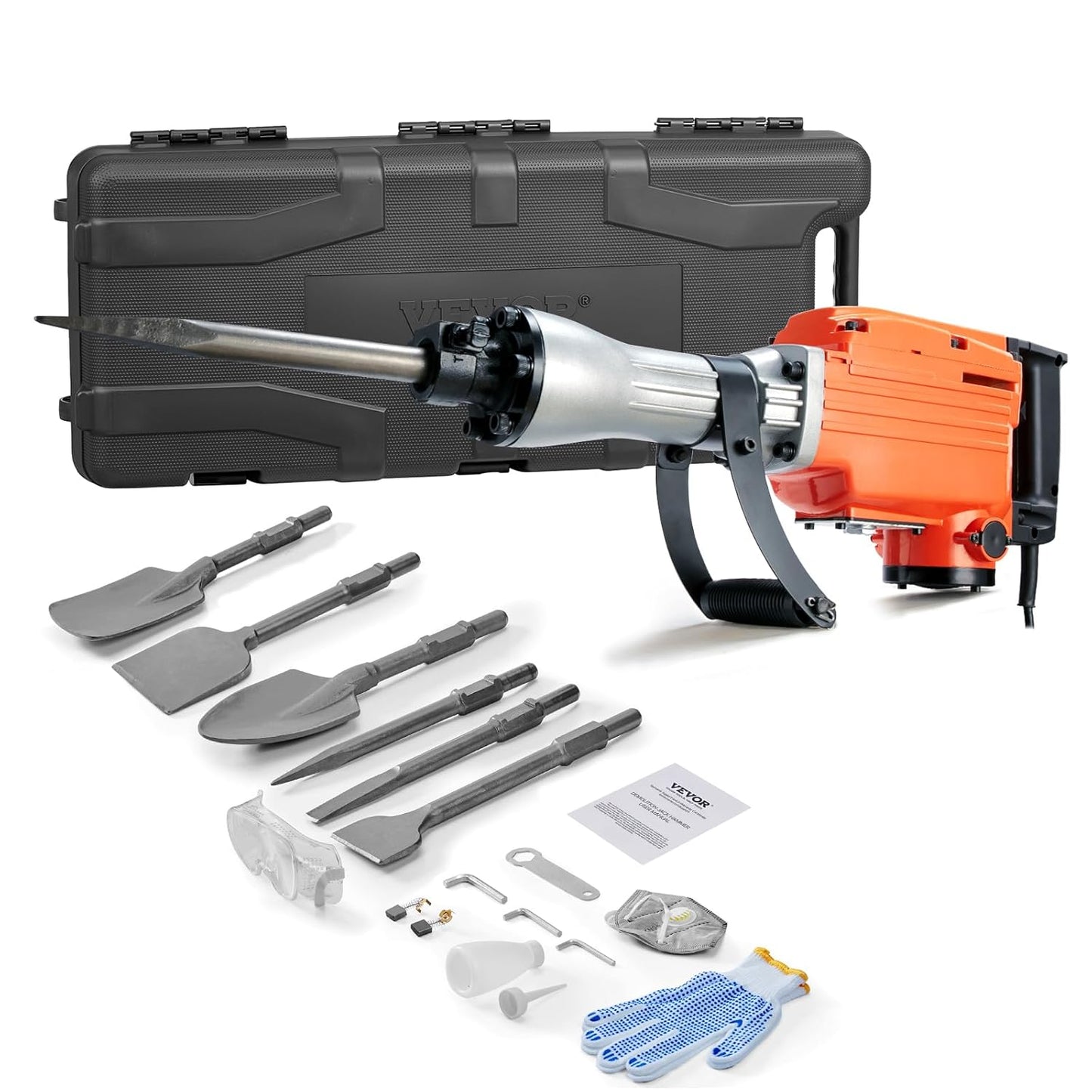VEVOR Demolition Jack Hammer, 1350 BPM Concrete Breaker 6pcs Chisels Bit Chipping with Case, 2200W Electric Jackhammer Heavy Duty, Black