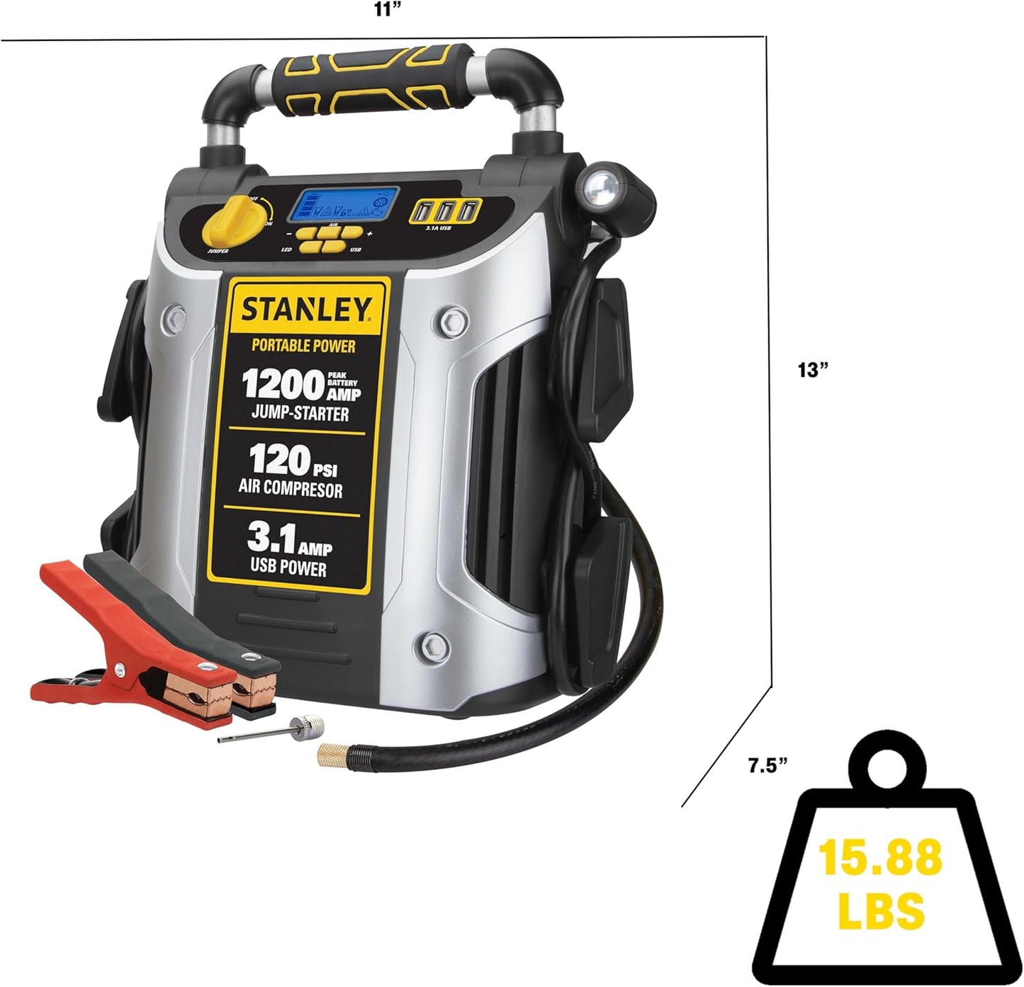 STANLEY J5C09D Digital Portable Power Station Jump Starter 1200 Peak Amp Battery Booster, 120 PSI Air Compressor, 3.1A USB Ports, Battery Clamps