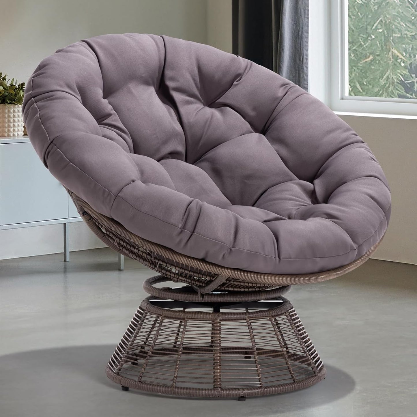 Bme 40" Ergonomic Wicker Papasan Chair with Soft Thick Density Fabric Cushion, High Capacity Steel Frame, 360 Degree Swivel for Living, Bedroom, Reading Room, Lounge, Silver Cloud - Black Base