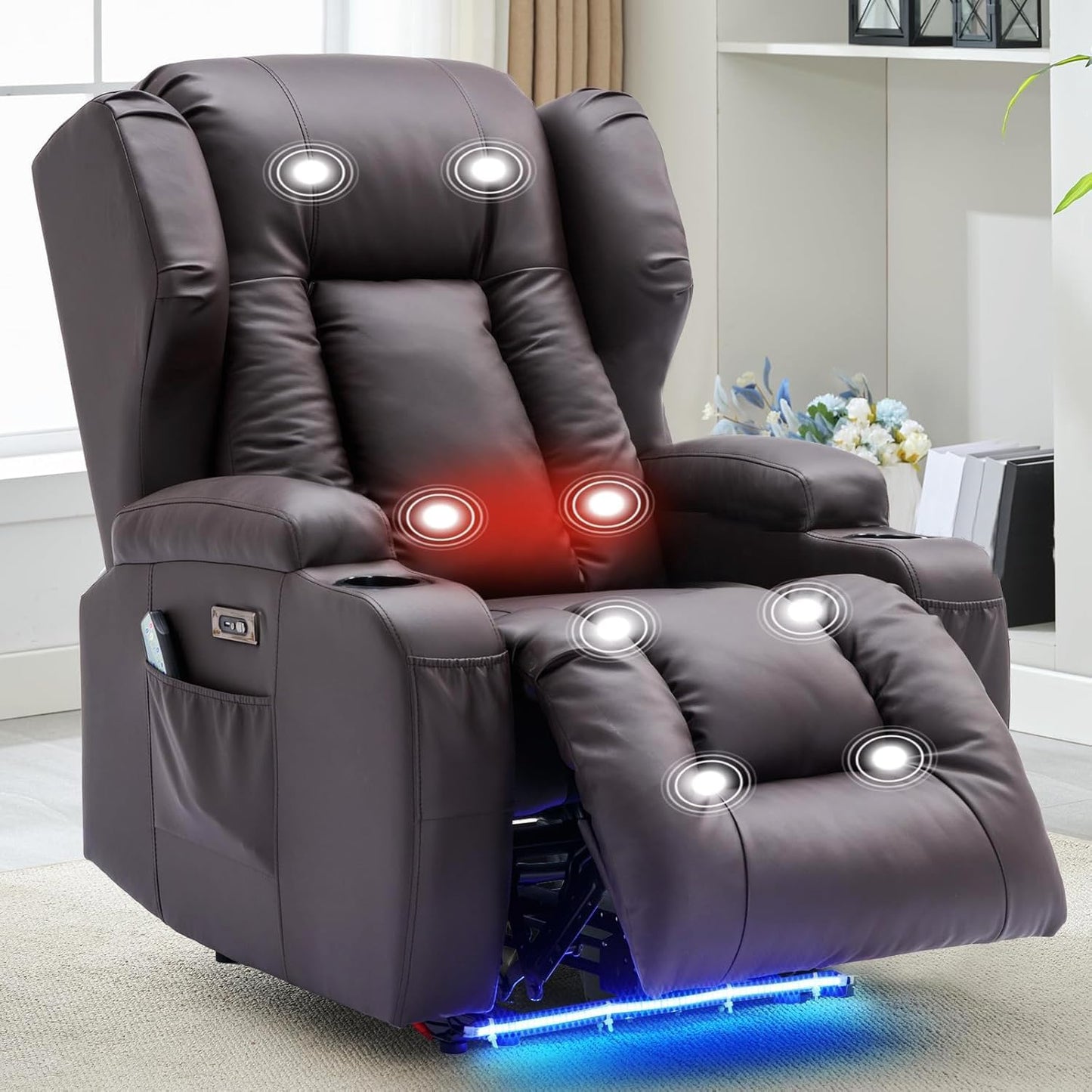 BINGTOO Electric Power Recliner Chair with Massage & Heat - Ergonomic Wingback Lounge Sofa Chair for Living Room, Home Theater Seating & RV with LED Light/Cup Holders/USB Ports, Grey