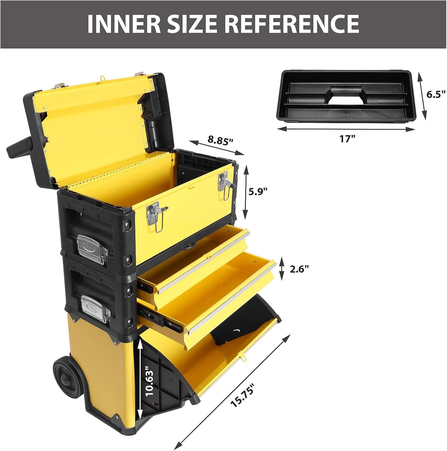 BIG RED Stackable Rolling Tool Box Portable Metal Toolbox Organizer with Wheels and 2 Drawers Separate Rolling Upright Trolley Tool Chest for Garage or Workshop,Yellow,ATRJF-C305ABDY
