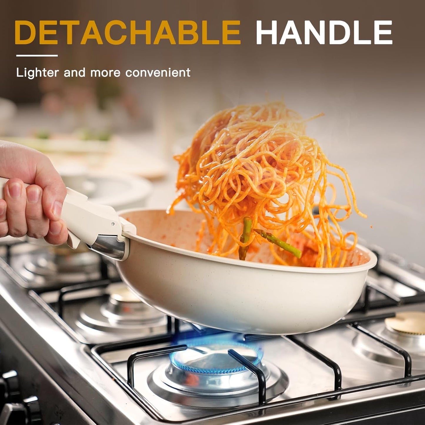 Astercook 23 Pcs Pots and Pans Non Stick Ceramic Cookware Set Detachable Handle, RV Stackable Kitchen Cooking Set Removable Handles, Oven Safe, Induction Ready, Cream White