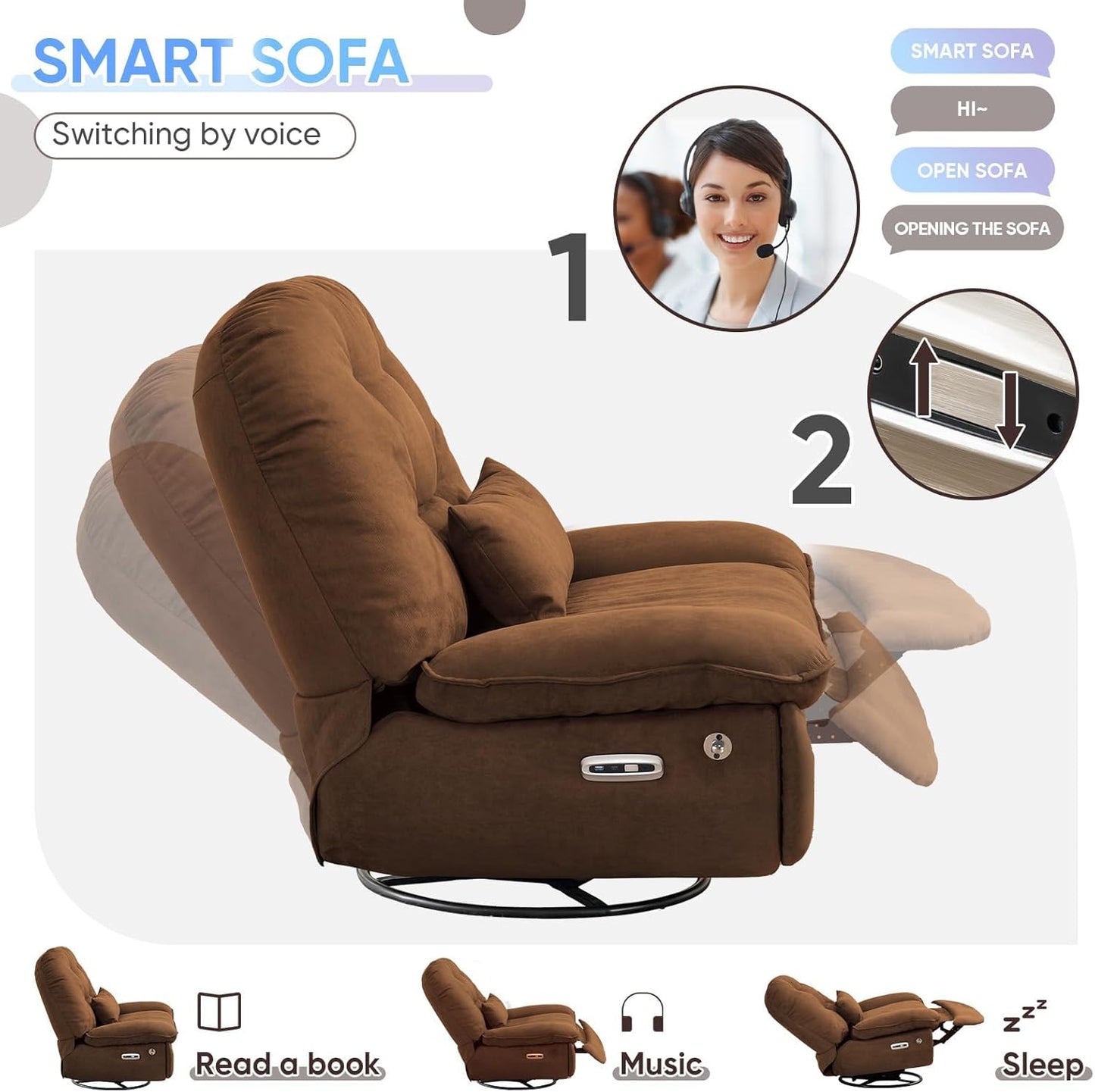 Smart Oversized Electric Recliner Chair, 360° Round Swivel Rocking Glider Rocker for Adults Modern Comfy Ergonomic Chaise Lounge Indoor, Theater Seating Living Room Chairs Reading, Dark Brown Fabric