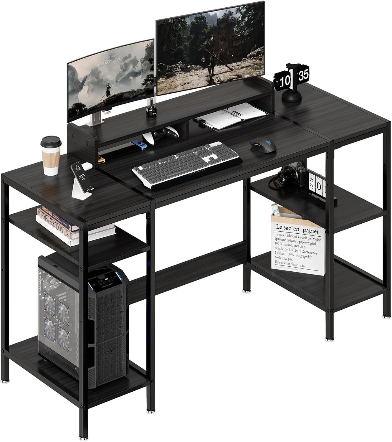 55 inch Grey Computer Desk Gaming Desk with Monitor Stand, Home Office Desk for 2 Monitors, Writing Desk with Adjustable Storage Space,Sturdy and Durable Modern Small Desk