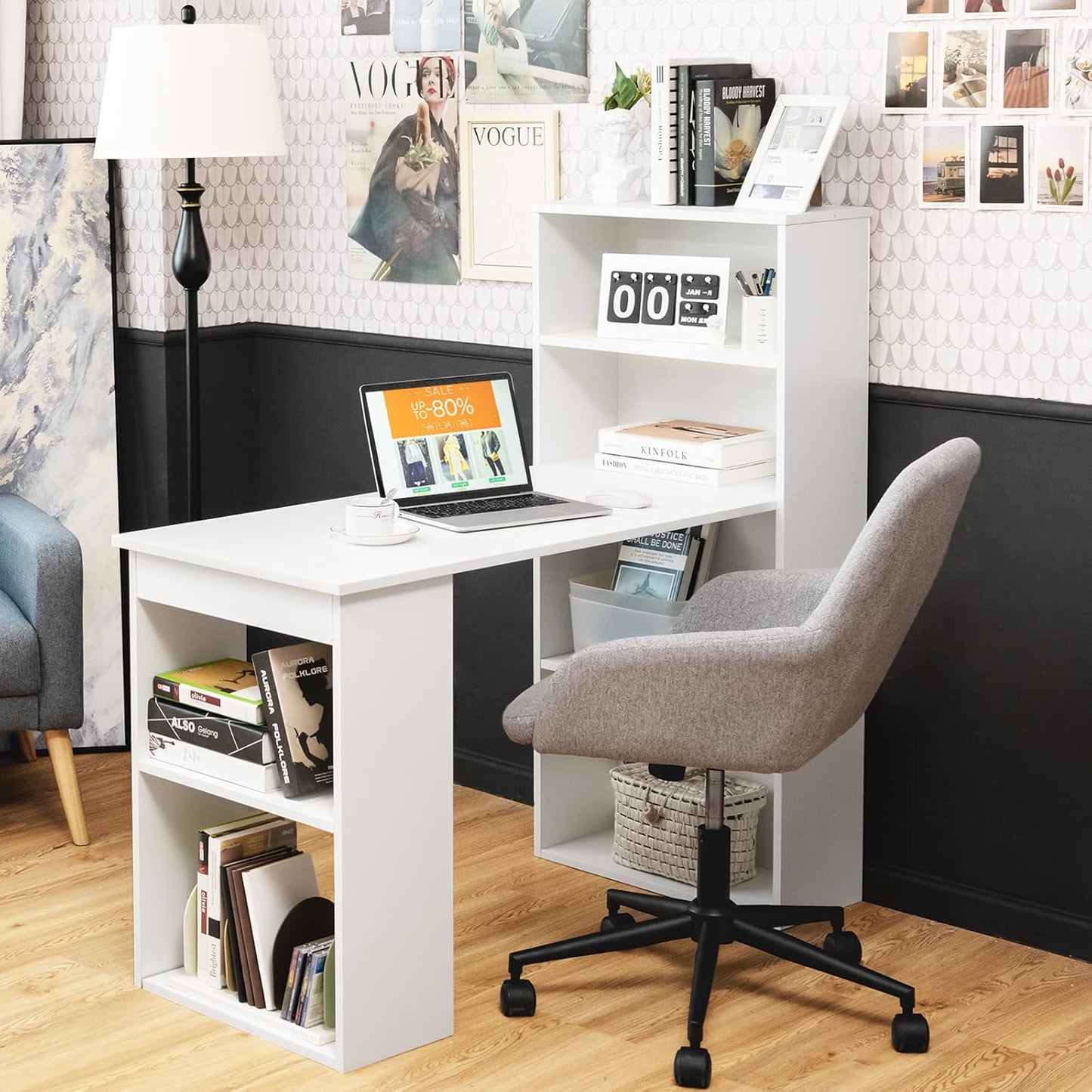 AUGESTER Computer Desk with Bookcase, Desk Bookshelf Cabinet 3 in 1 Functional Table, Compact Computer Workstation with Storage Shelf and CPU Holder, Suitable for Home & Office (White)