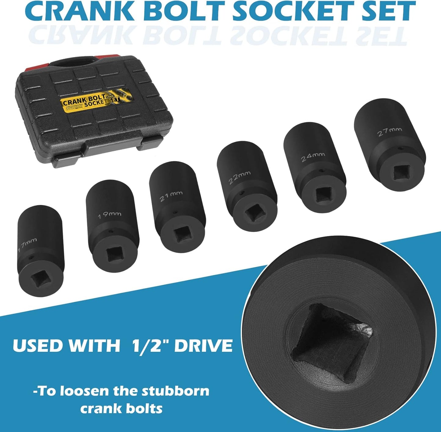 1/2" Drive Crank Bolt Socket Set, 17MM, 19MM, 21MM, 22MM, 24MM 27MM, Harmonic Balancer Socket Set, Crank Bolt Removal Tool, 3 Times Momentum Power of Standard Impact Socket Set, Deep Impact Socket Set