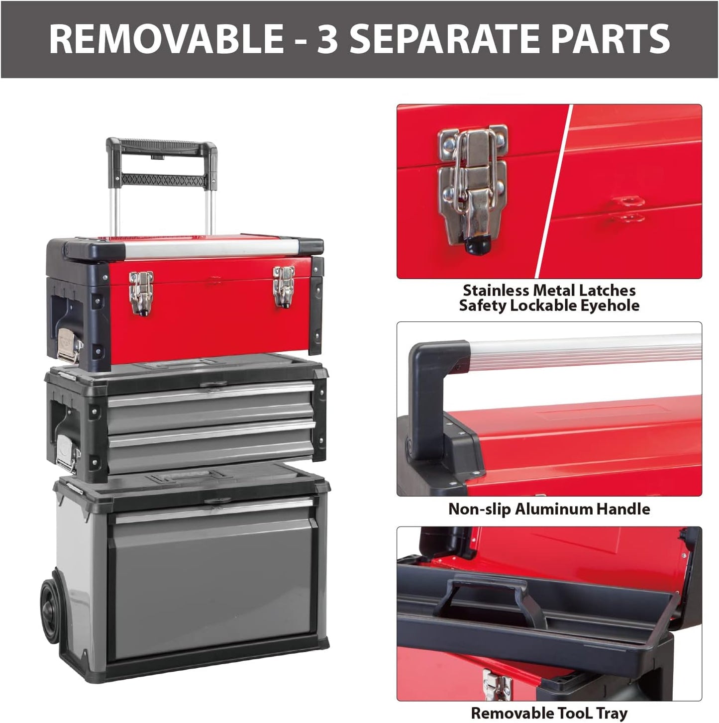 BIG RED Stackable Portable Metal Tool Box Organizer with Wheels and 2 Drawers, Rolling Upright Trolley Tool Chest for Garage or Workshop,Red,ATRJF-C305ABDR