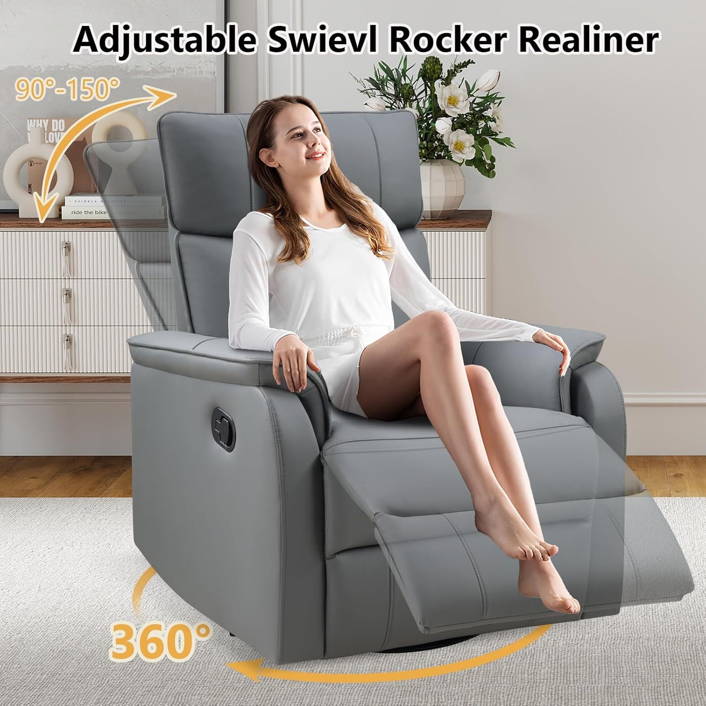 ANJ Recliner Chair, Swivel Rocker Chair for Adults,Glider Recliner Nursery Chair, Leather Manual Lazy Boy Reclining Chairs for Living Room, Bedroom, Home Office