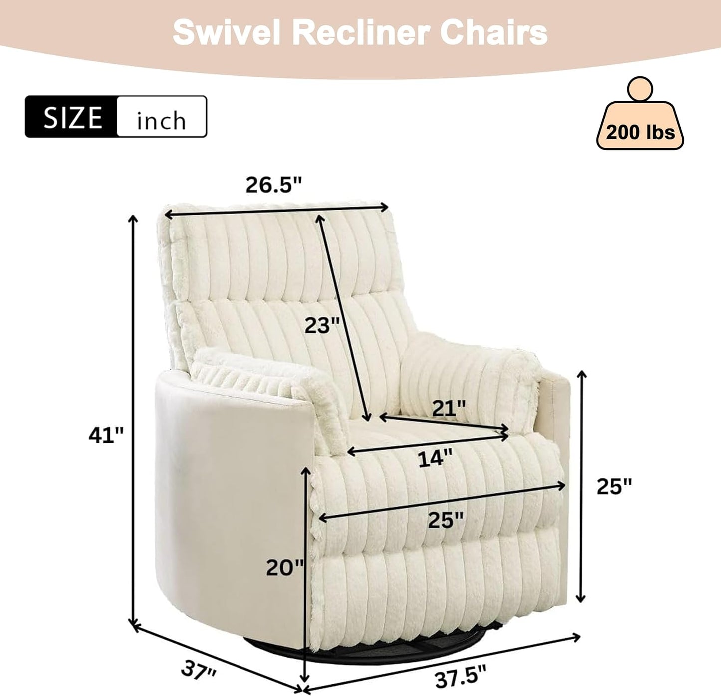 Swivel Recliner Chairs - Manual Recliner Chair with 360 Degree Rotation & Wide Wale Corduroy Design, Swivel Reclining Chair with Curved & Pillow-Top Arms, Corduroy Wide Recliner for Office (White)