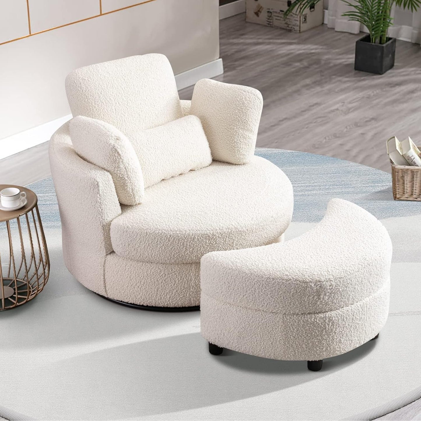 40" W Modern Grey Swivel Barrel Chair with 360° Round Metal Base & Plush Corduroy Pillows & Thick Cushion, Comfy Large Accent Chaise Longue for Living Room, Bedroom Club Reading Armchair (Gray)