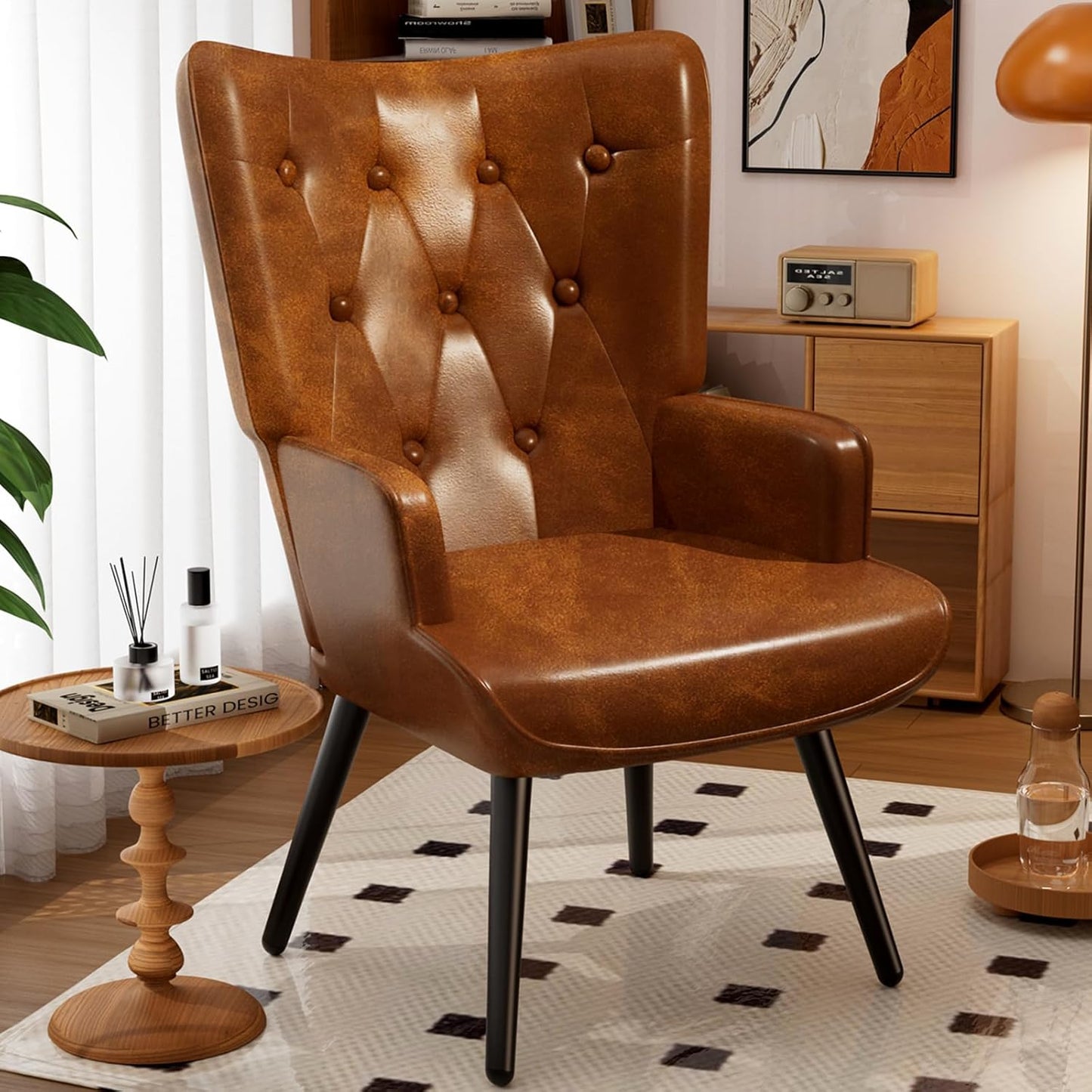 TLSUNNY PU Brown Accent Chair, Comfy Upholstered Armchair with Metal Legs, High Backrest Living Room Chair, Wingback Chair Mid Century Modern for Living Room/Vanity/Bedroom (2 pcs)