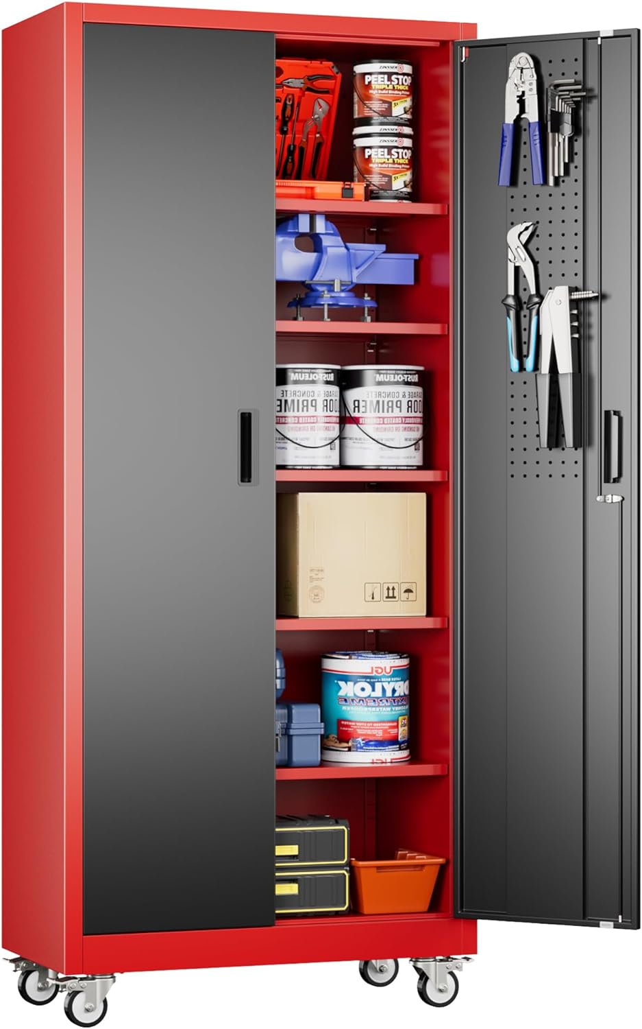 Aobabo Garage Storage Cabinet with Door Pegboard,Lockable Metal Storage Cabinet with 5 Adjustable Shelves for Garage Home,Required Assembly,Black