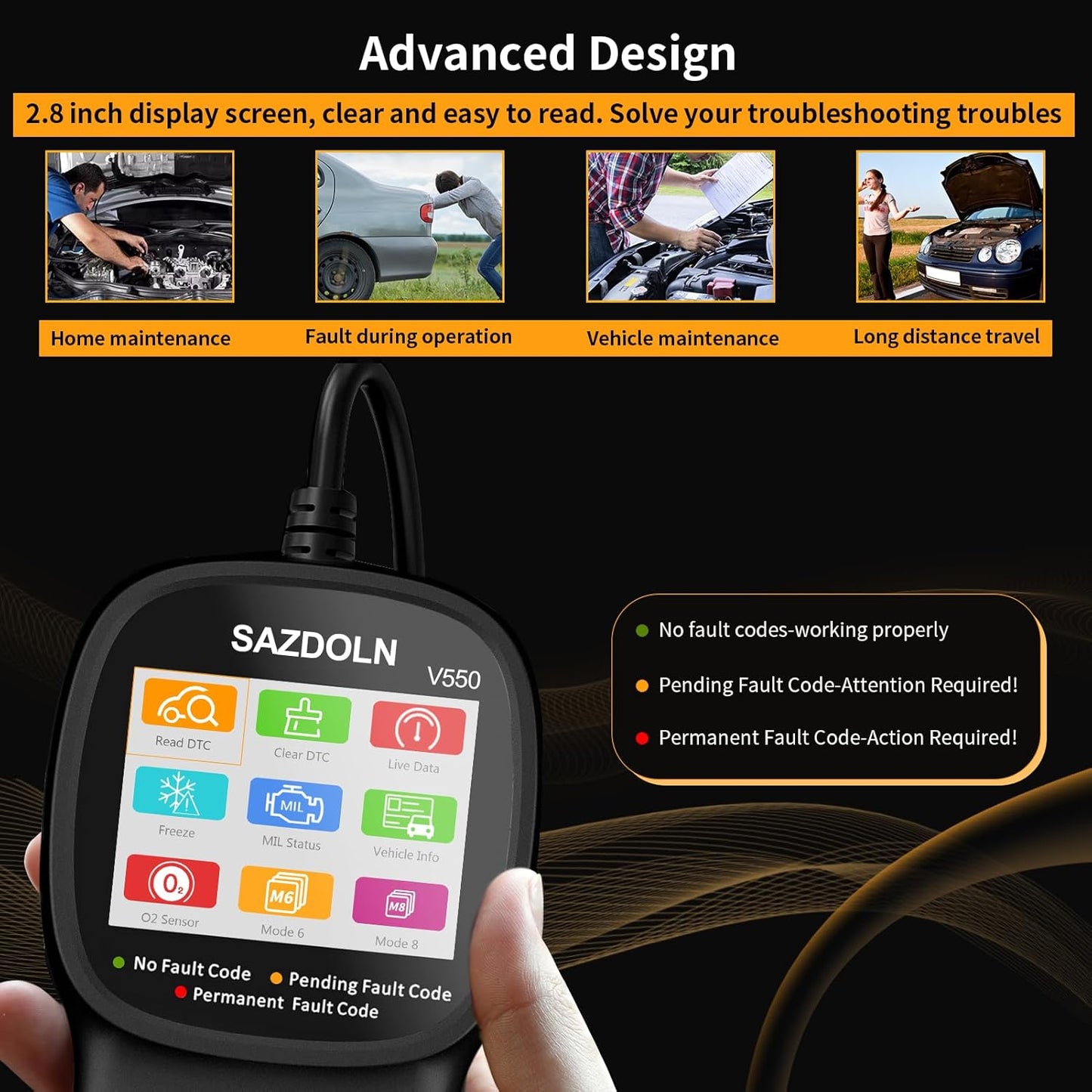 V550 OBD2-Scanner, Battery-Tester, Enhanced Car-Diagnostic-Tool Read & Clear Engine Fault Codes, CAN Scan Tool for All OBD2 Cars 1996+, 40,000+DTC, Live Data(Black)