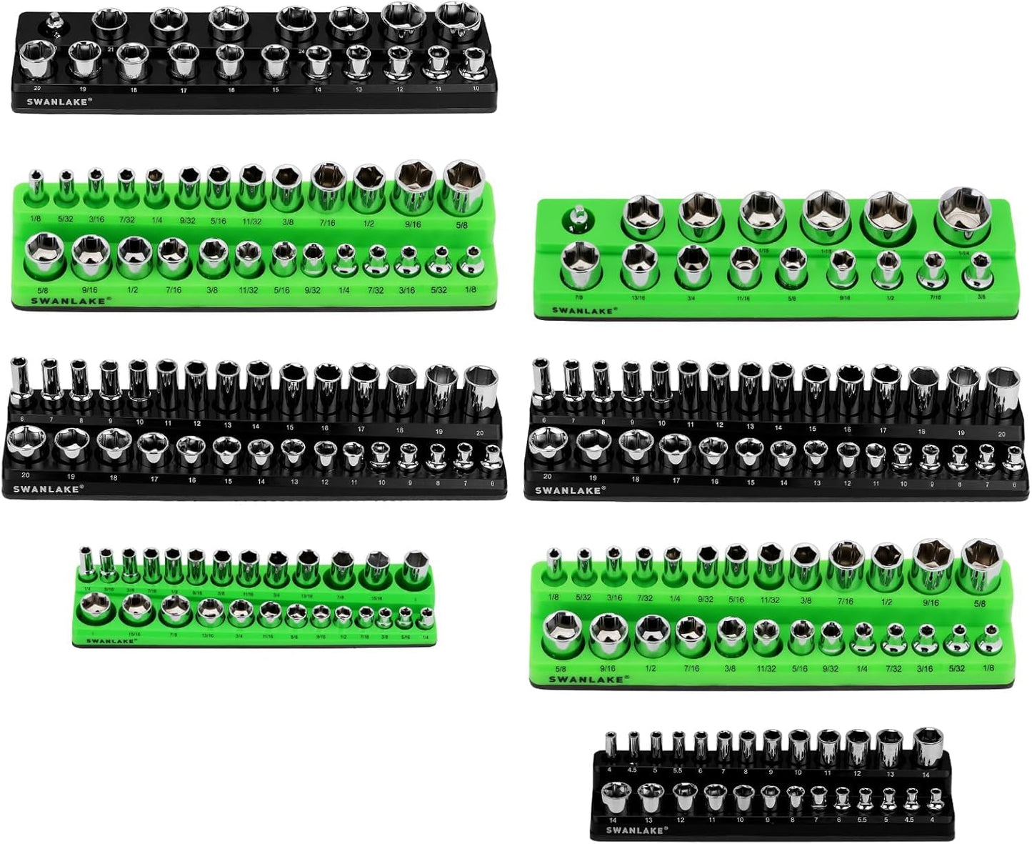 SWANLAKE Magnetic Socket Organizer Set, 1/4", 3/8", 1/2" Sockets Holds 286 Pieces Magnetic Socket Trays (Blue&red&black&green, 12 Pcs)