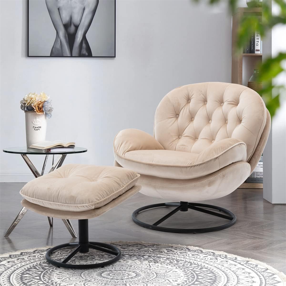 TRIPLE TREE Modern Swivel Accent Chair, Mid-Century Lounge Chair and Ottoman Set, Velvet Upholstered Button Tufted Recliner Chair, Reading Chair with Footrest for Living Room Indoor Bedroom, Black