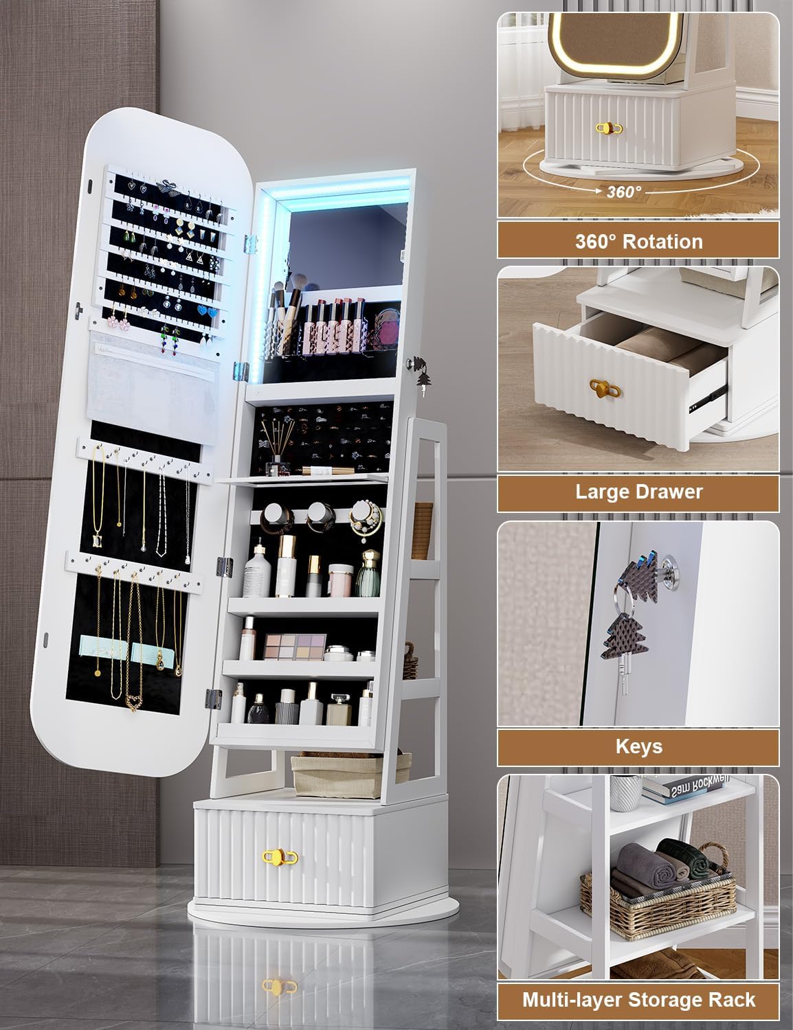 360° Swivel Jewelry Cabinet with Lights - RGB Vanity Mirror | Rotatable Full Length Mirror with Jewelry Storage, Standing Jewelry Armoire Organizer, Foldable Makeup Shelf Ideal Gift (White)