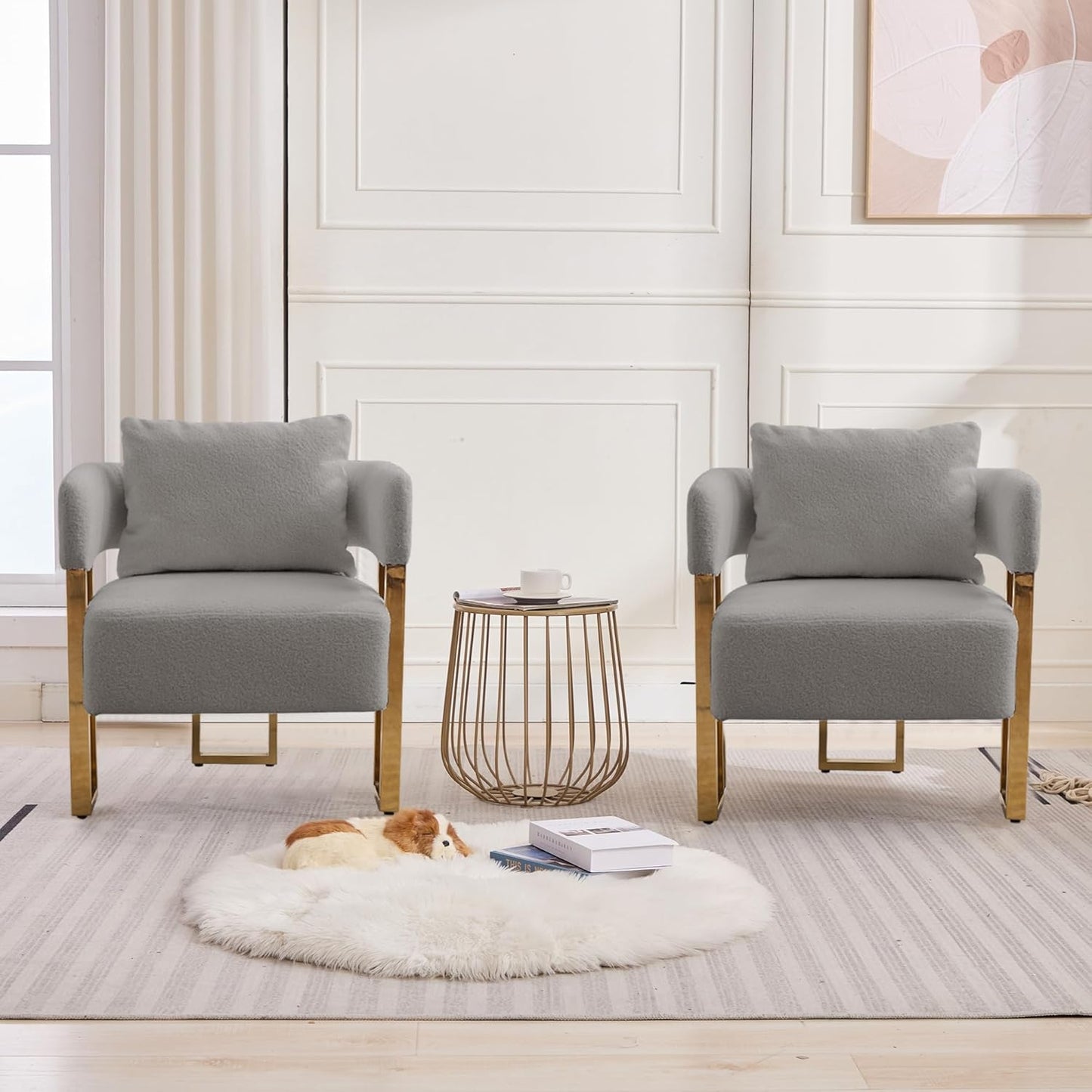 Teddy Velvet Sofa with Square Legs and Gold Feet Suitable for Decorative Chair in Living Room Reading Chair Medieval Modern Sofa Chair with Pillows(Pink Teddy Velvet 2PC)
