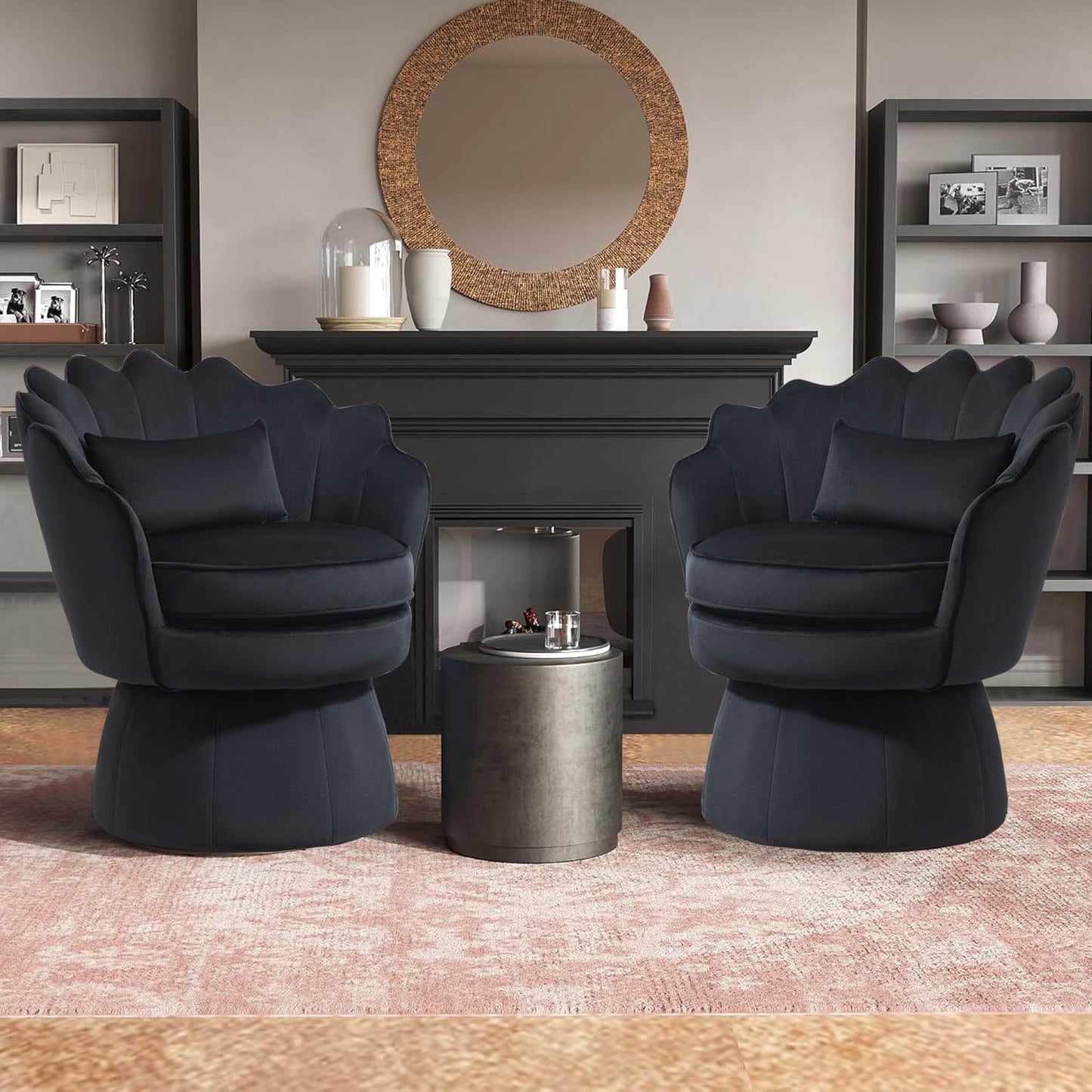 Swivel Barrel Chairs Set of 2, Small Accent Armchair, Navy Blue Velvet Upholstered, Mid-Century Modern Style, for Living Room/Bedroom/Waiting Room, for Relaxing & Reading, Pillow Included