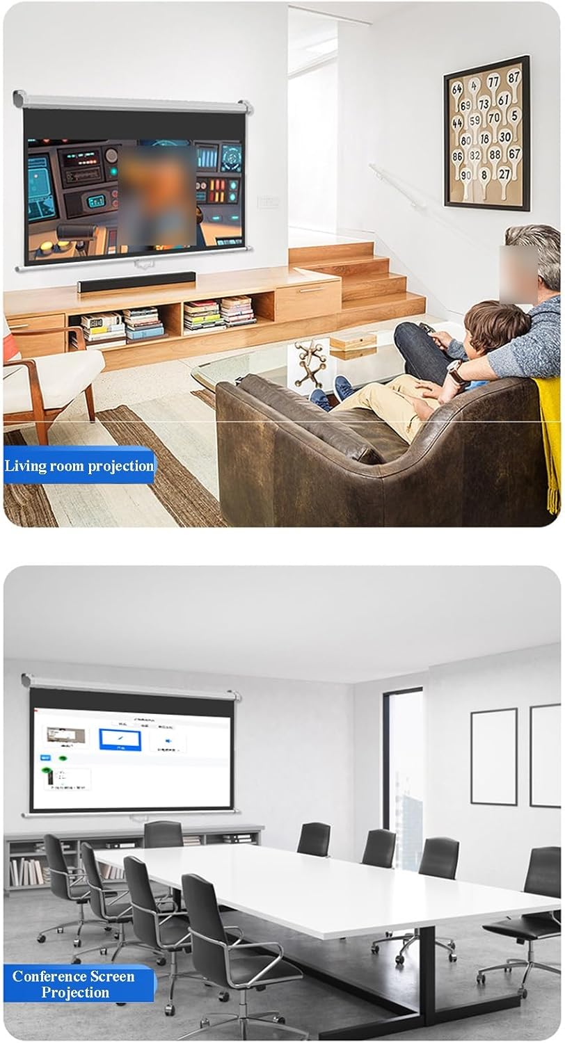 Auto Locking Pull Down Projector Screen Manual, Wall Mount White Portable Wrinkle-Free Projection Screen, Retractable Auto Locking for Indoor Movie Home(92in,4:3)