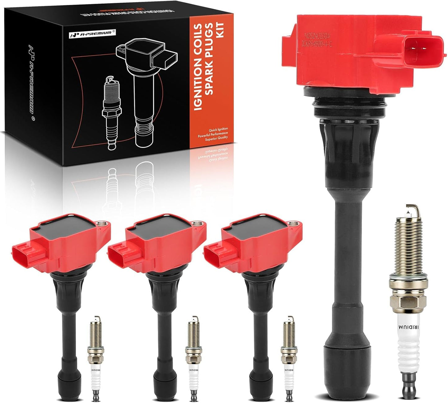 A-Premium (Red) Set of 8 Ignition Coil Pack and Iridium Spark Plugs Compatible with Nissan Altima 2007-2013, Sentra, Cube, Rogue, Rogue Select, Versa, 1.6L 1.8L 2.0L 2.5L, Replace# 22448ED000 9029