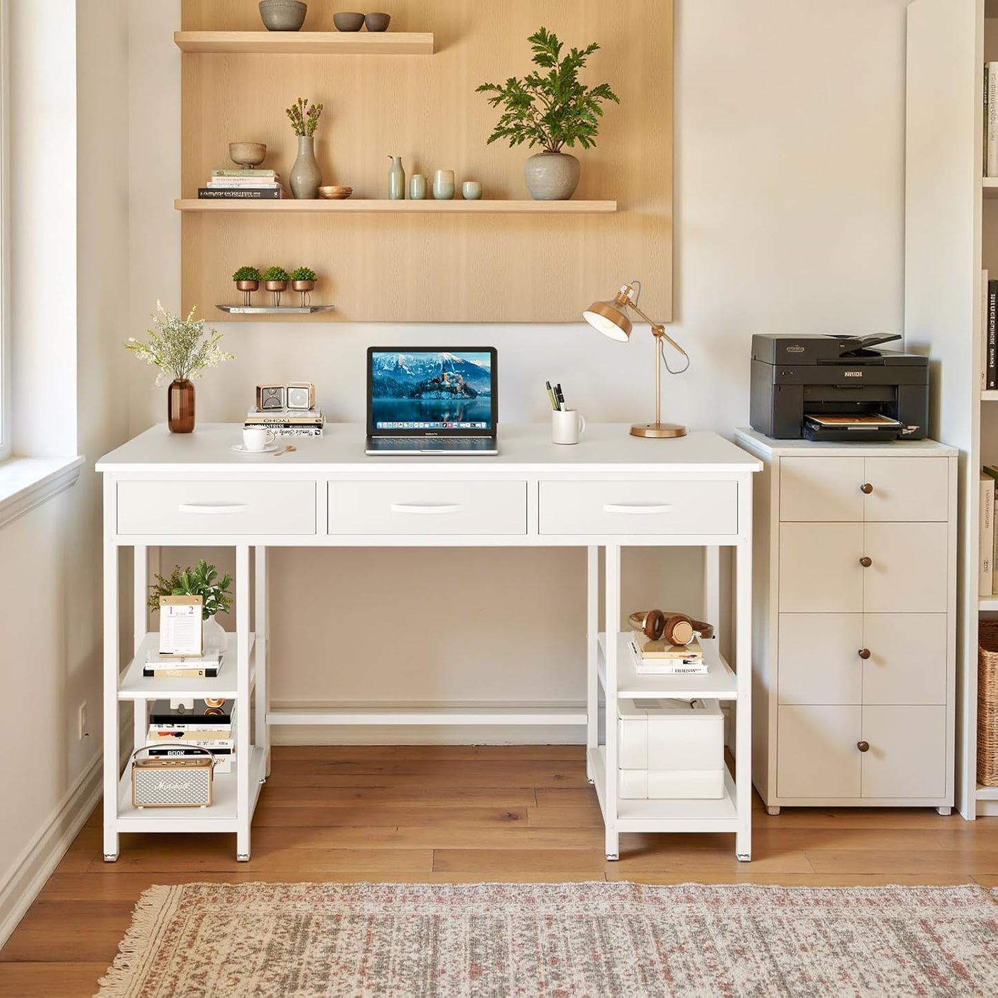 47-inch Computer Desk with 3 Drawers, Small Home Office Desk with Storage Shelves and Sturdy Metal Frame, White