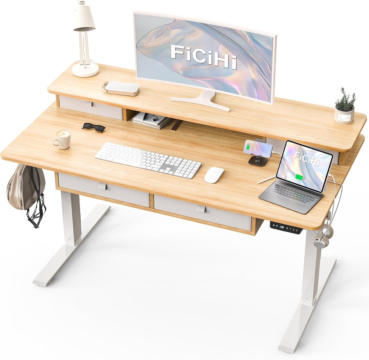 Adjustable Height Standing Desk with 4 Drawers & Wheels,63 x 30 inches Electric Sit Stand Home Office Desk with Two Tiers, 3 Memory Presets, Monitor Stand Riser, USB A/C Charging Port