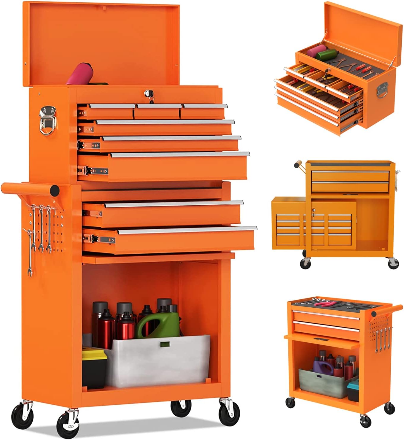 8-Drawer High Capacity Rolling Tool Chest, Removable Cabinet Storage Tool Box with Wheels and Drawers, Detachable Toolbox with Lock for Workshop Mechanics Garage (Black)