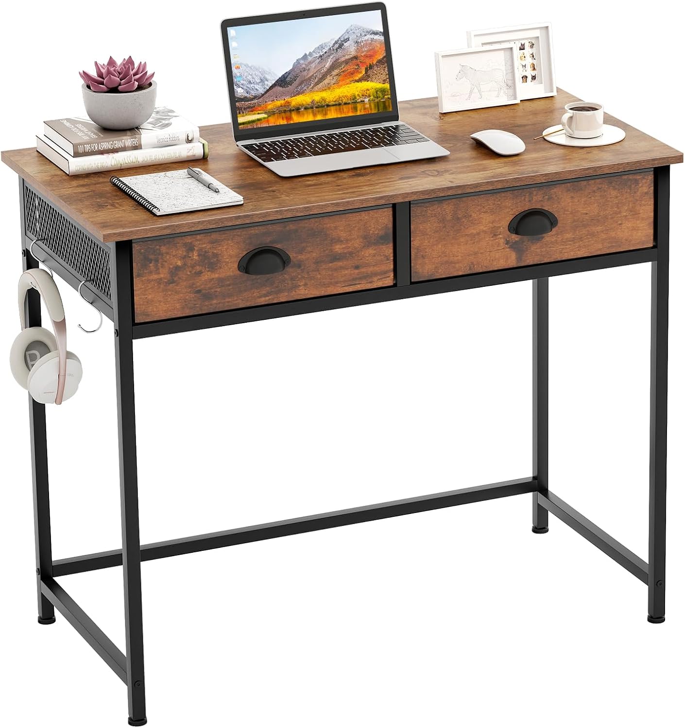 Tangkula Computer Desk with 2 Storage Drawers & 4 Hooks, Home Office Study Writing Desk with Metal Frame, Computer Workstation, Space Saving Laptop Desk for Bedroom Living Room (White)
