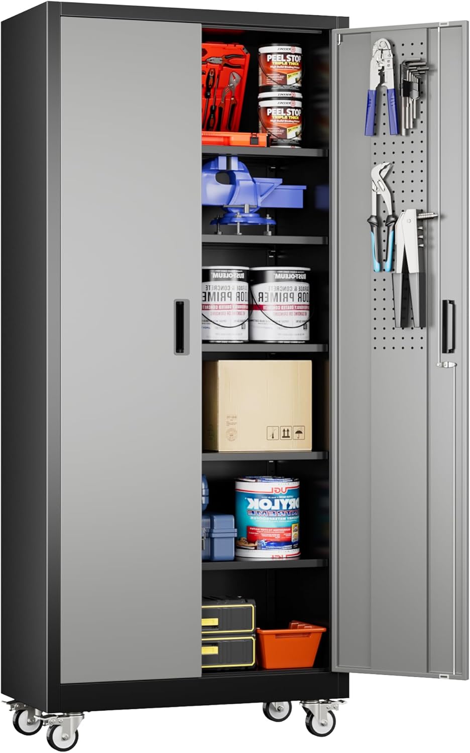 Aobabo Garage Storage Cabinet with Door Pegboard,Lockable Metal Storage Cabinet with 5 Adjustable Shelves for Garage Home,Required Assembly,Black