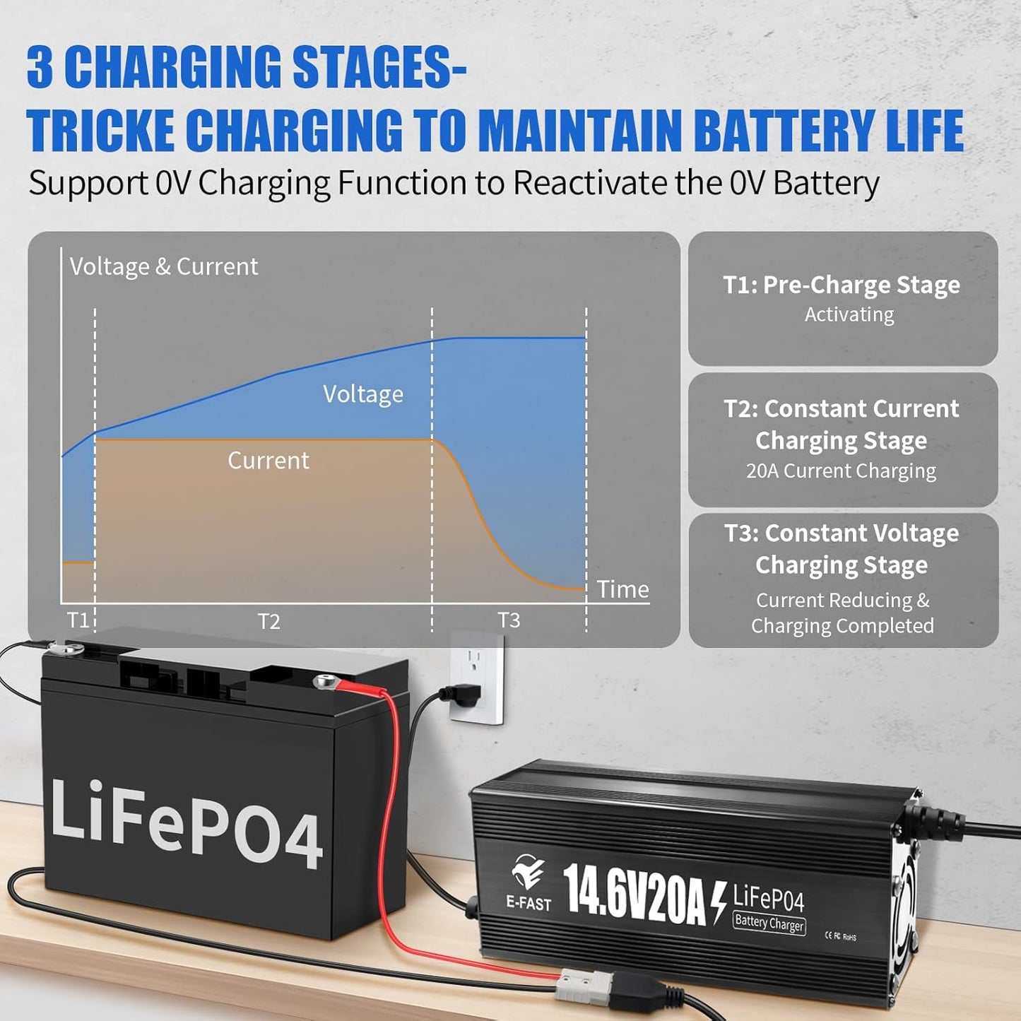 12V 20A Lithium Battery Charger 14.6V LiFePO4 Battery Charger Smart Charger with Anderson Connector Indicator Special for Lithium LiFePO4 Deep Cycle Rechargeable Batteries of Boat, RV